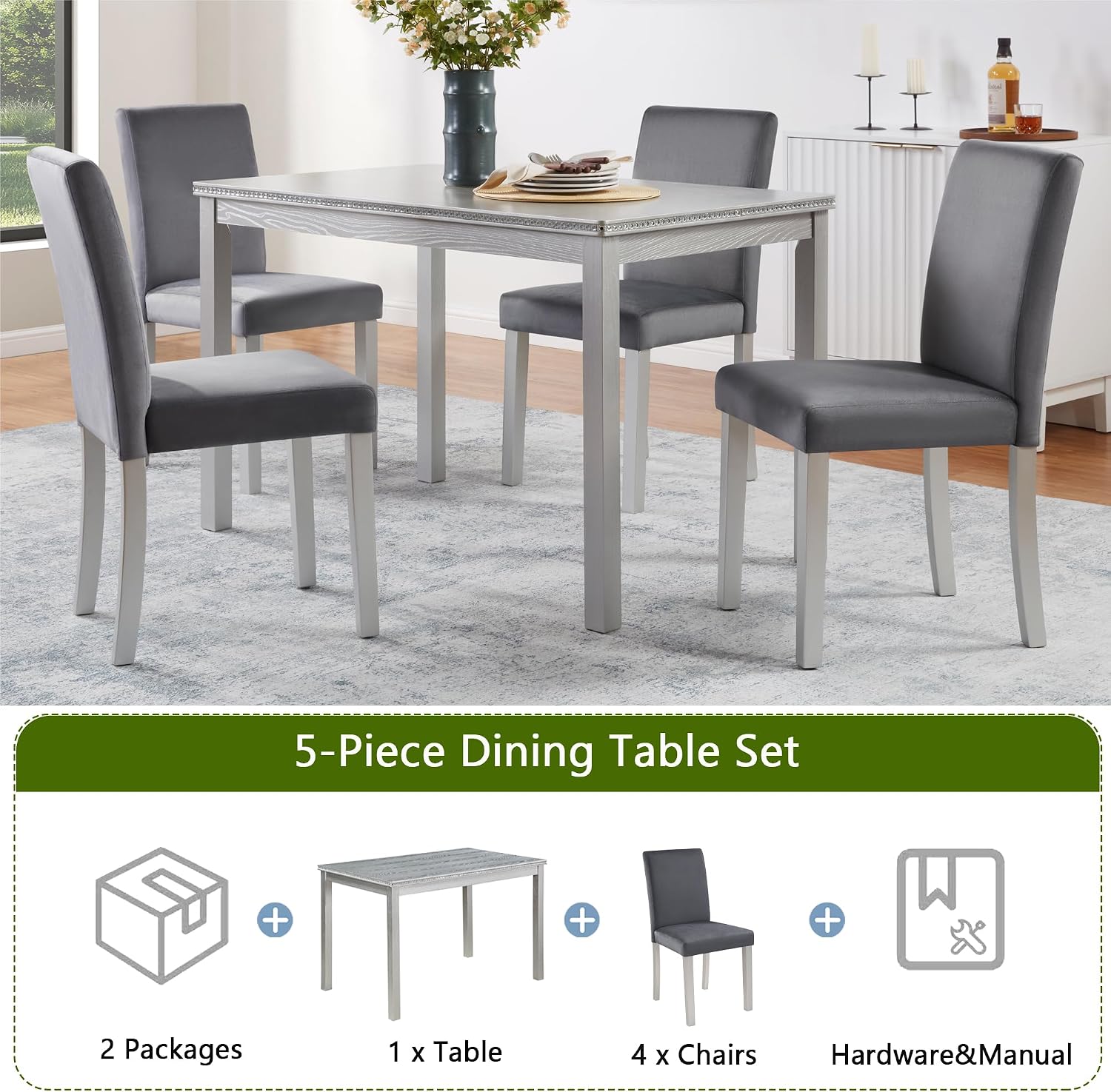 KEIKI 5-Piece Standard Height Dining Table Set with Rectangular Table and 4 Upholstered Chair, for 4 Person, Crystal Decoration Wooden Table Set, Easy Assembly, for Kitchen, Dining Room, Silver Grey