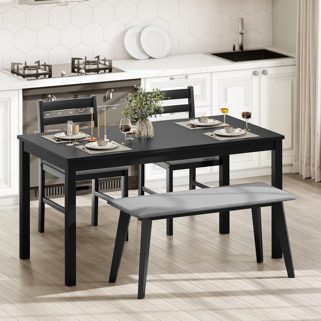 Dining Table Set for 4, Solid Wood Kitchen Table Chairs Set of 4, 43.3' Space-Saving Mid Century Modern Dining Room Table with Chairs and Bench for Kitchen, Living Room,Breakfast Nook, Black