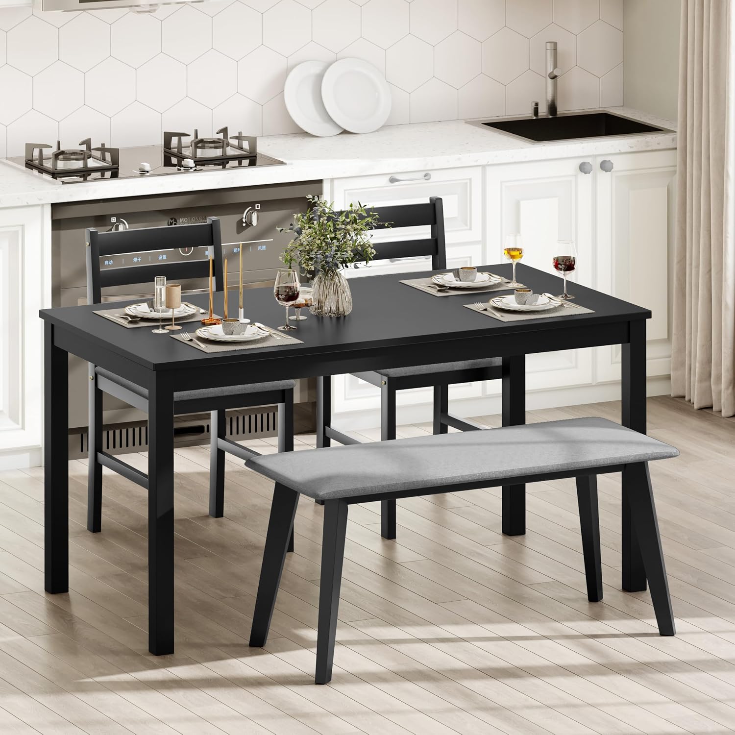 Dining Table Set for 4, Solid Wood Kitchen Table Chairs Set of 4, 43.3' Space-Saving Mid Century Modern Dining Room Table with Chairs and Bench for Kitchen, Living Room,Breakfast Nook, Black