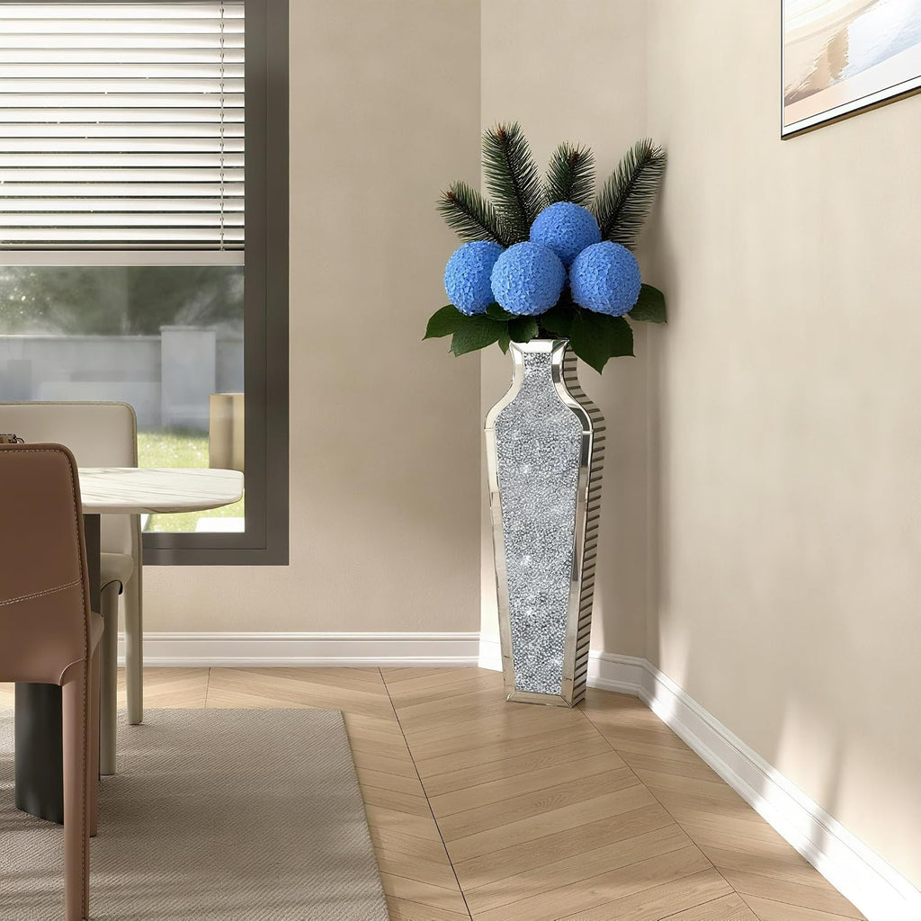 SHYFOY 36 inch Floor Vase Crushed Diamond Decorative Mirrored Tall Vases for Decor Living Room, Large Silver Glass Floor Vase for Pampas Grass Artificial Flowers