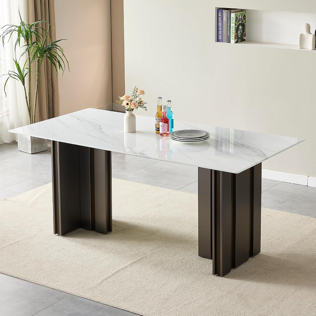 70 inch Faux Marble Dining Table for 4 to 6, Modern Dining Table with White Marble Texture Tabletop & Matte Brushed Stainless Steel Base, Rectangular Kitchen Dining Table for Dinner Party Gatherings