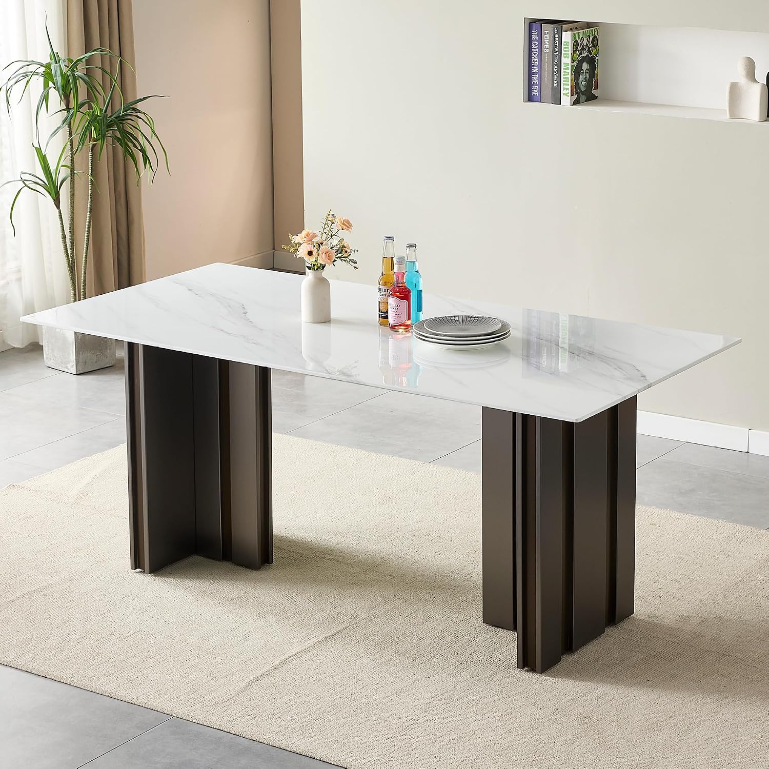 70 inch Faux Marble Dining Table for 4 to 6, Modern Dining Table with White Marble Texture Tabletop & Matte Brushed Stainless Steel Base, Rectangular Kitchen Dining Table for Dinner Party Gatherings