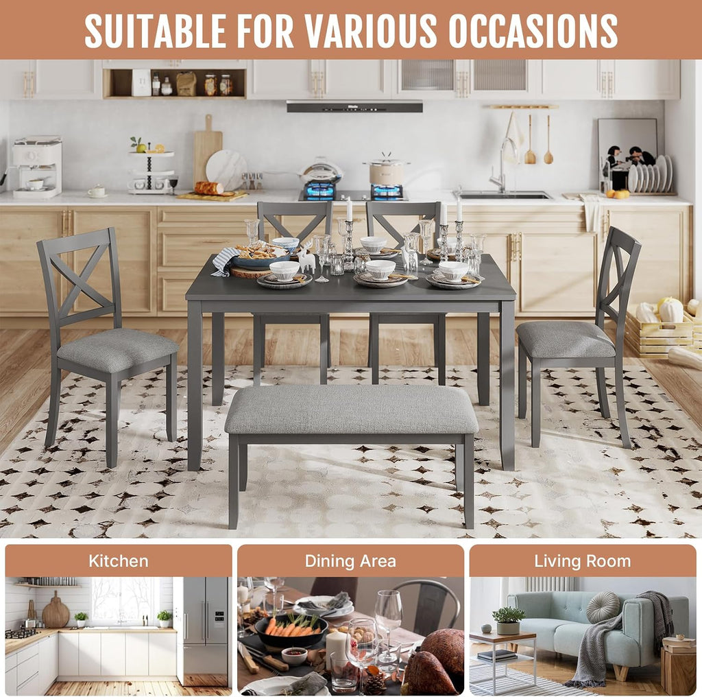 Zevemomo 6-Piece Wooden Dining Table Set, Dining Table Set for 6, Including 1 Dining Table, 4 Upholstered Chairs and 1 Bench, Wooden Legs Dining Table, Table Set for Dining Room, Grey