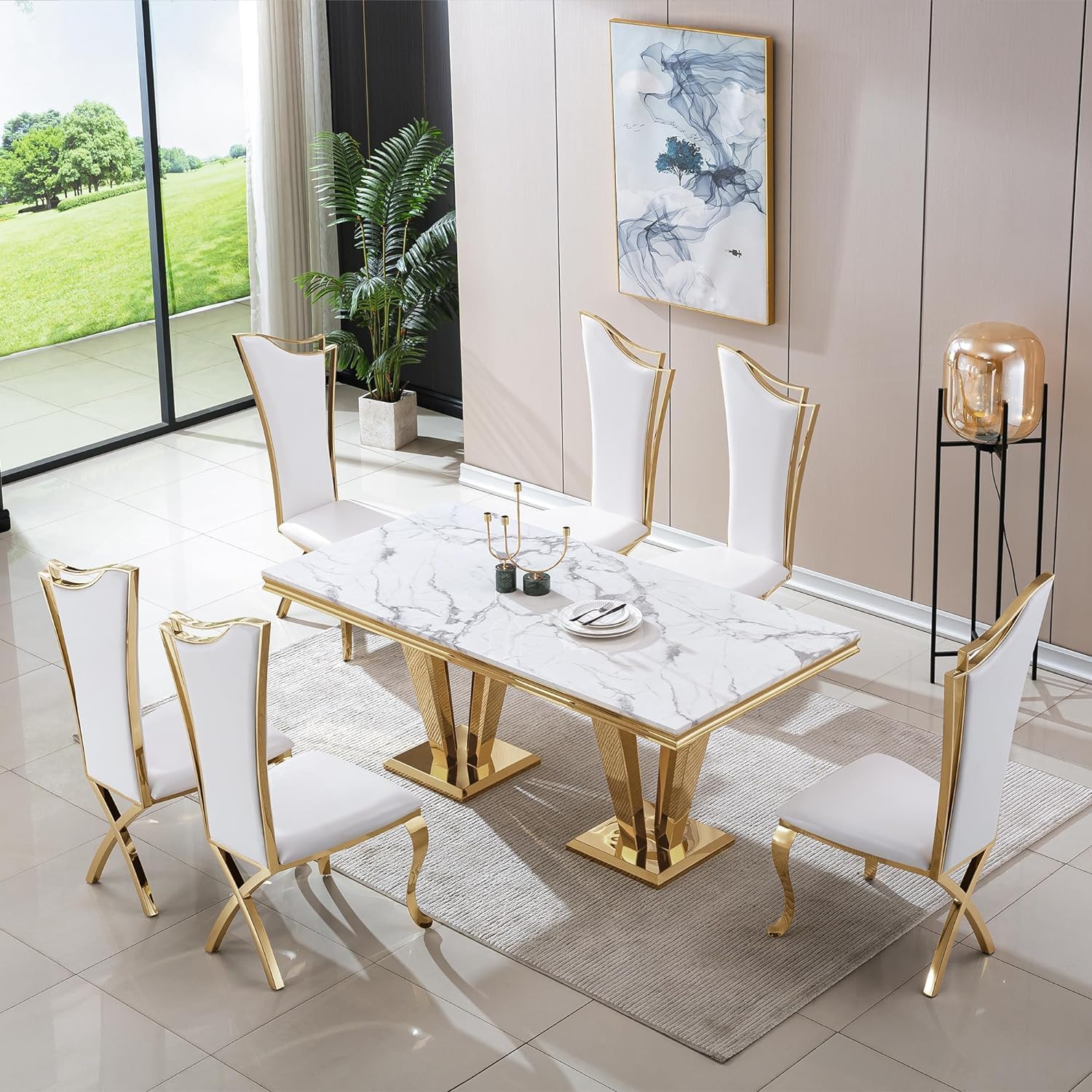 68' White Marble Dining Table for 6-8, Mid Century Modern Dining Table with Faux Marble Top & Gold Mirrored Dimaond Shape Stainless Steel Base, Luxury Rectangular Dinner Table for Kitchen Dining Room