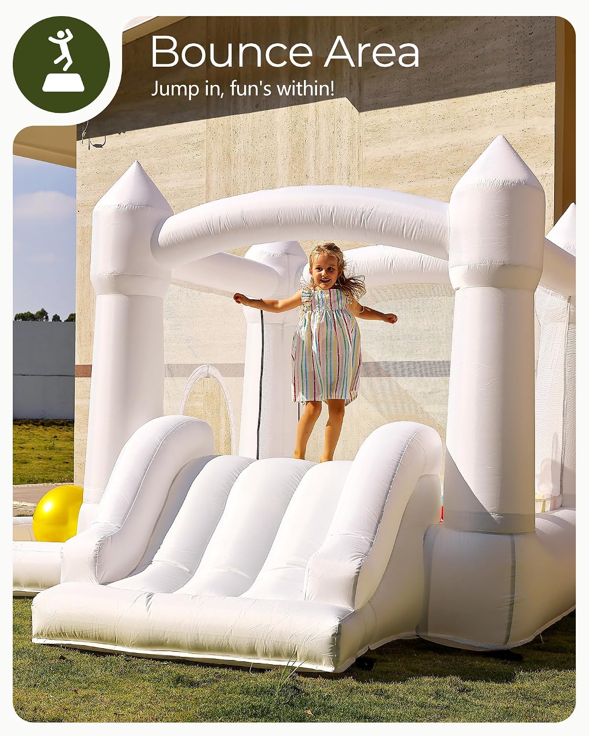 Outfunny White Bounce House with Slide, Indoor Bouncy House for Kids 3-8 w/Ball Pit, Bounce Area 6.5'x6.5', Capacity 300 lb