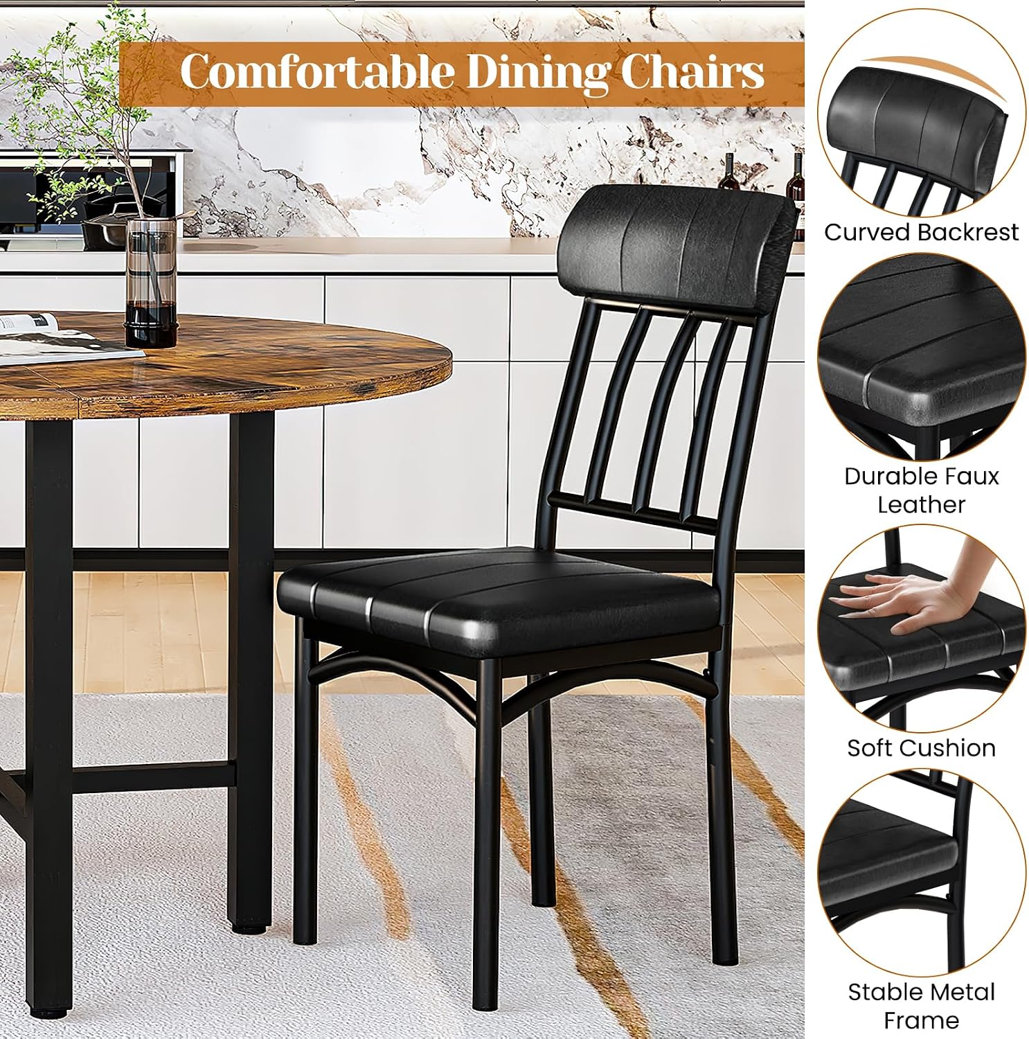 AWQM Round Dining Table Set for 4, Wood Circle Kitchen Table and Chairs Set for 4, Modern Dining Room Sets with 4 Faux Leather Chairs, Round Dinner Table for Small Space, Walnut