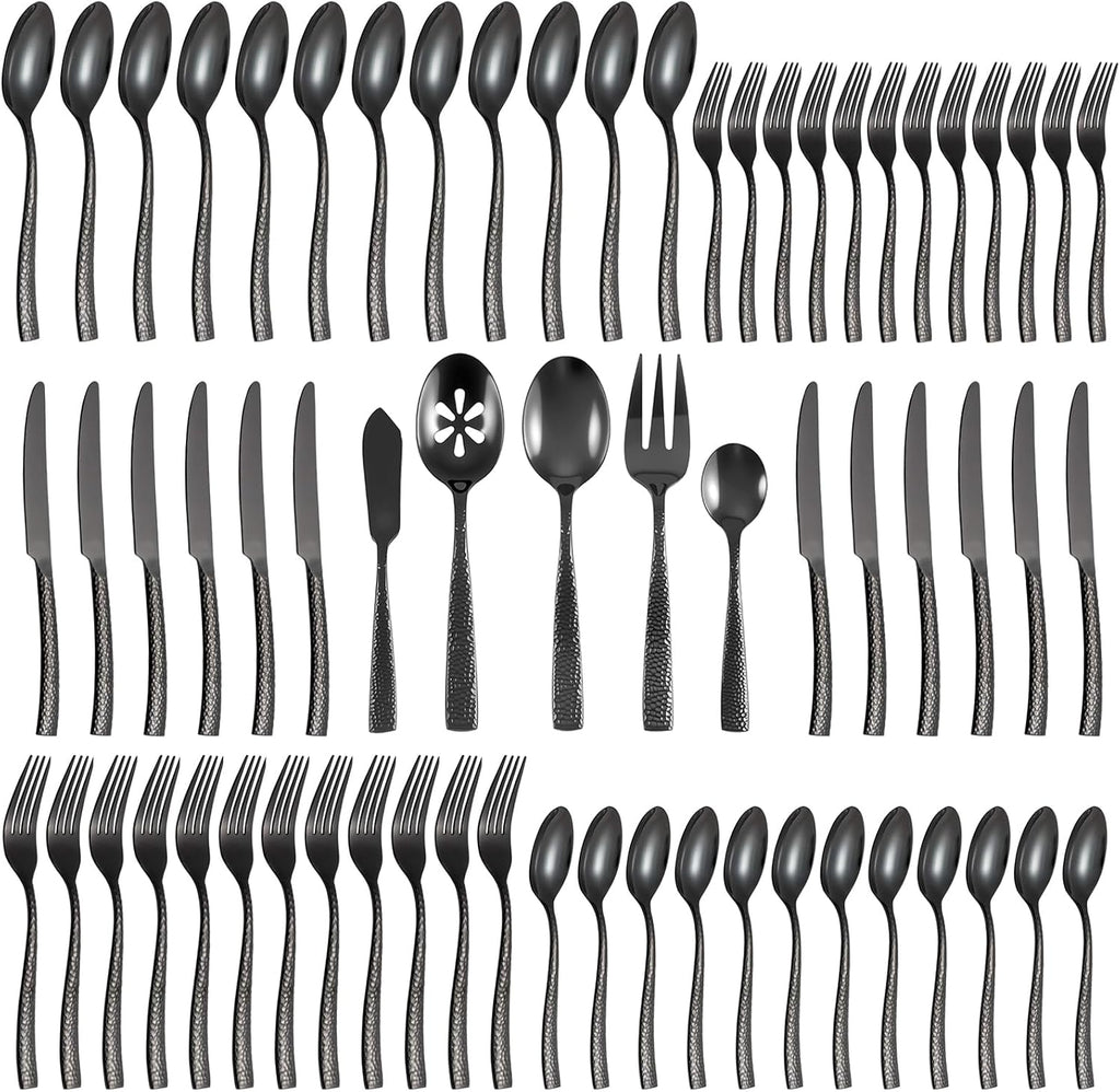 Silverware 65-Piece Black Hammered Flatware Set with Serving Utensils Stainless Steel Thick Handle Mirror Polished Cutlery Set for Wedding Hotel Restaurant, Service for 12