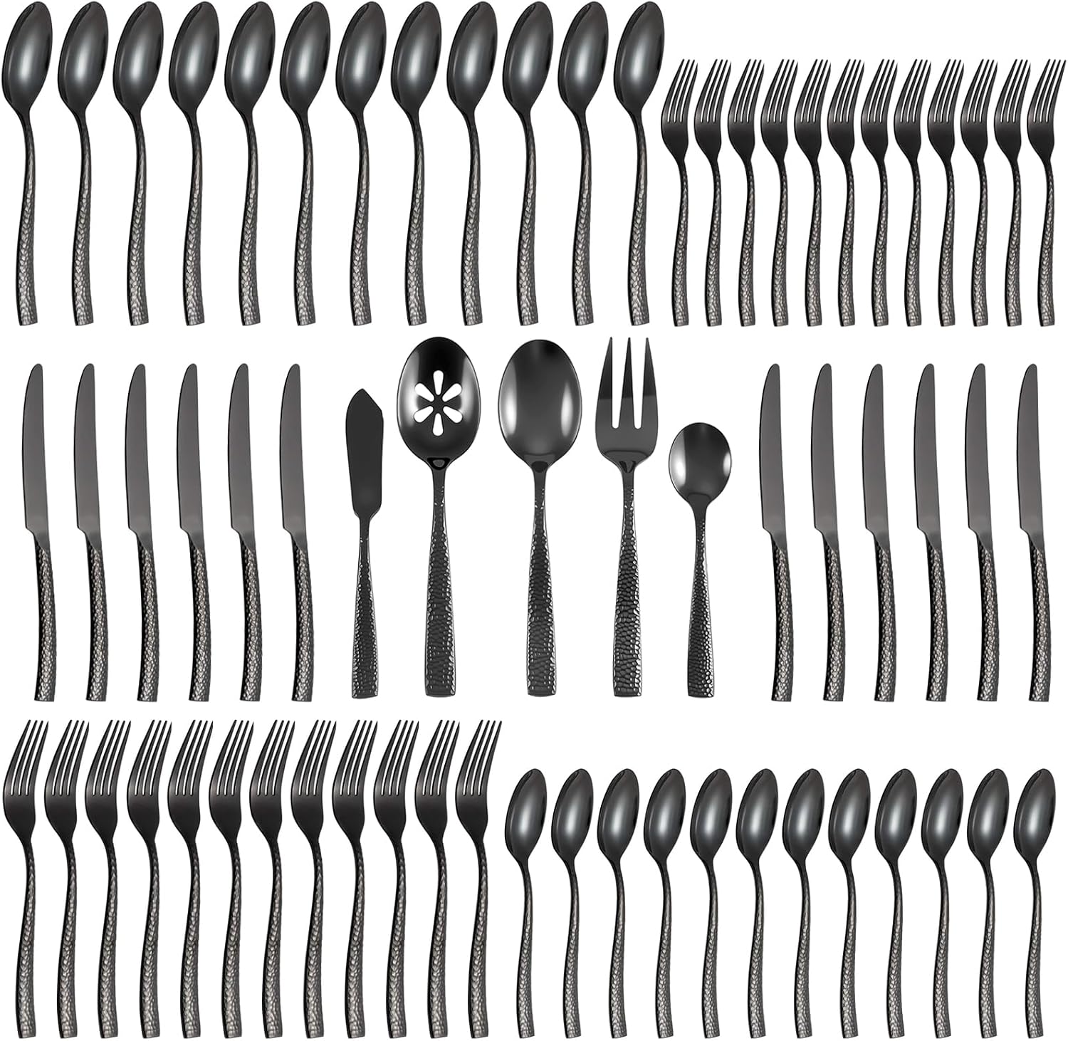 Silverware 65-Piece Black Hammered Flatware Set with Serving Utensils Stainless Steel Thick Handle Mirror Polished Cutlery Set for Wedding Hotel Restaurant, Service for 12