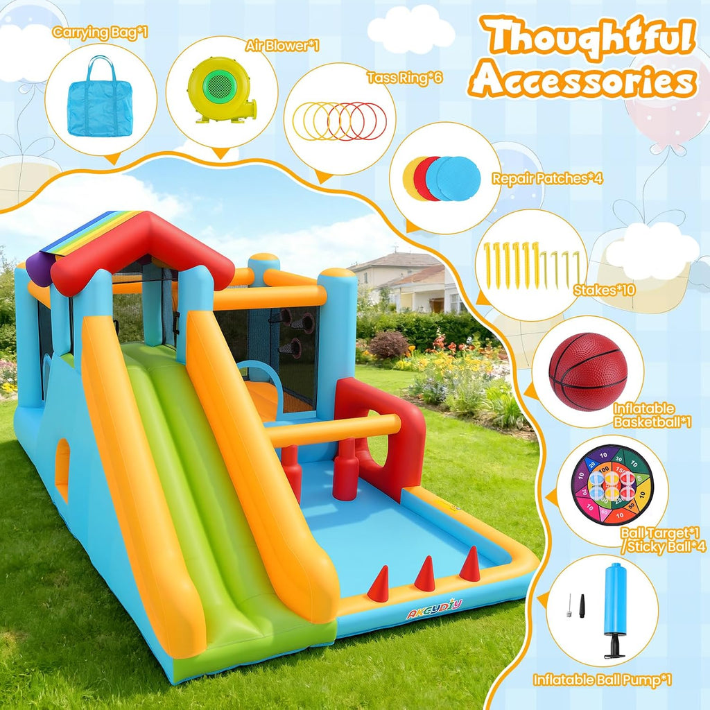 AKEYDIY Bounce House, Inflatable Bounce House for Kids 3-12, Obstacle Bouncy House with Slide, Trampoline, Ball Pit, Basketball Hoop, Target, Climbing, Tunnel, Indoor Outdoor, 450W Blower
