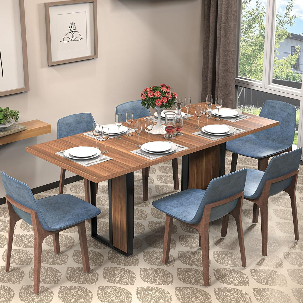 Bigbiglife 71 inch Dining Table for 6-8, Farmhouse Kitchen Table with Large Tabletop, Rectangular Dinner Eating Table W/Thickness Waterproof Wood Tabletop & Foot Pad, for Kitchen, Dining Room, Brown