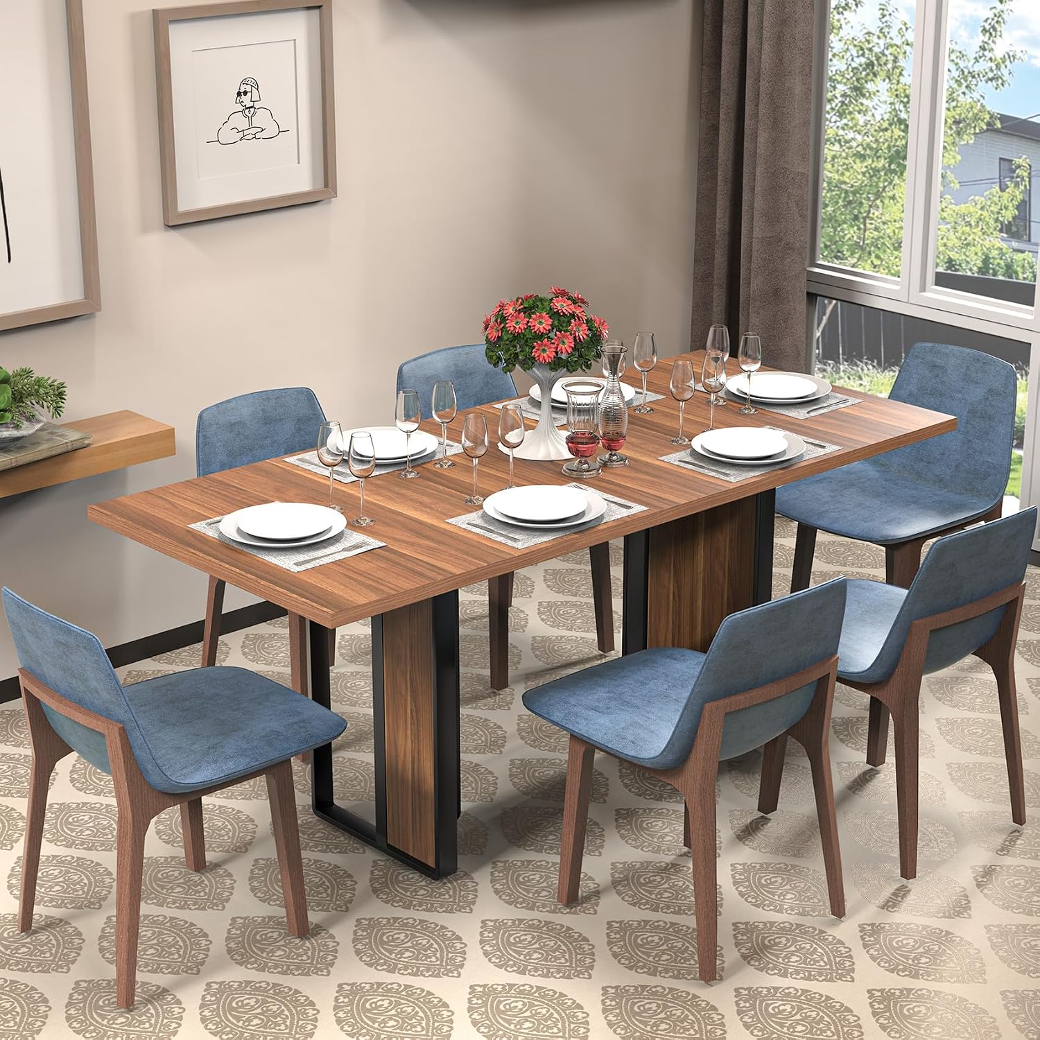 Bigbiglife 71 inch Dining Table for 6-8, Farmhouse Kitchen Table with Large Tabletop, Rectangular Dinner Eating Table W/Thickness Waterproof Wood Tabletop & Foot Pad, for Kitchen, Dining Room, Brown