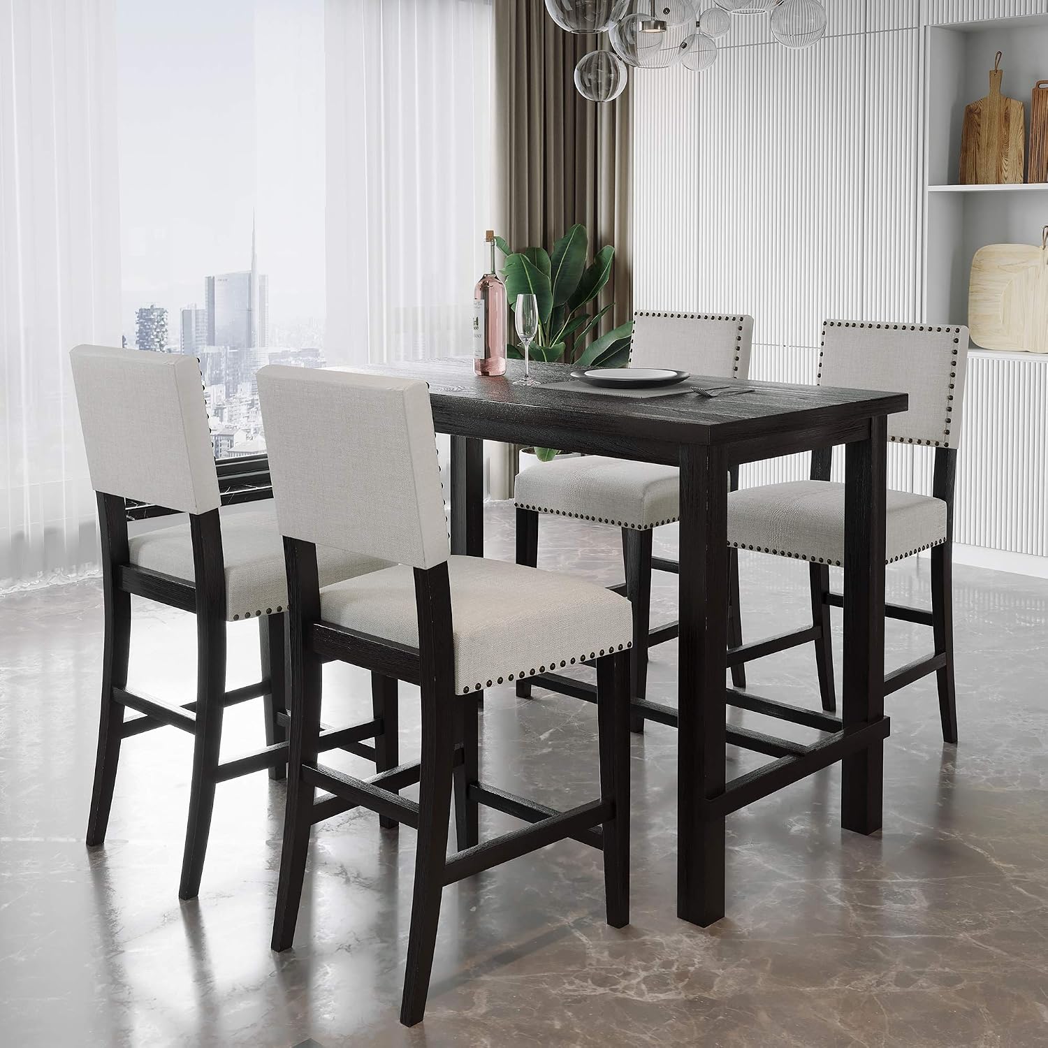 P PURLOVE 5 Piece Kitchen Table Set Counter Height Dining Table Set with Rectangle Table and 4 Cushioned Chairs for Small Place,Pub Kitchen