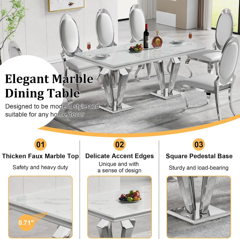 68' White Marble Dining Table for 6-8, Mid Century Modern Dining Table with Faux Marble Top & Mirrored Dimaond Shape Stainless Steel Base, Large Luxury Rectangular Dinner Table for Kitchen Dining Room