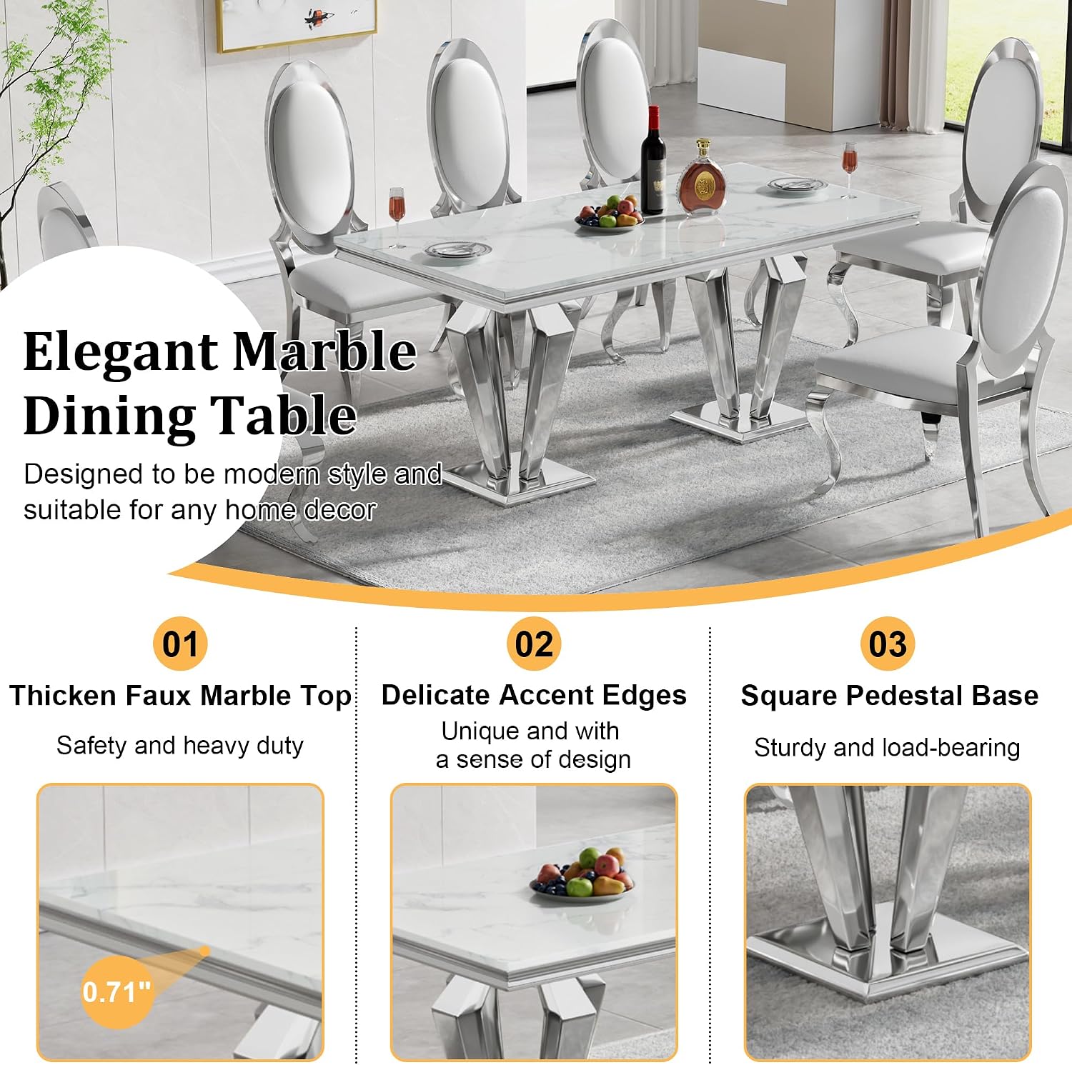 68' White Marble Dining Table for 6-8, Mid Century Modern Dining Table with Faux Marble Top & Mirrored Dimaond Shape Stainless Steel Base, Large Luxury Rectangular Dinner Table for Kitchen Dining Room
