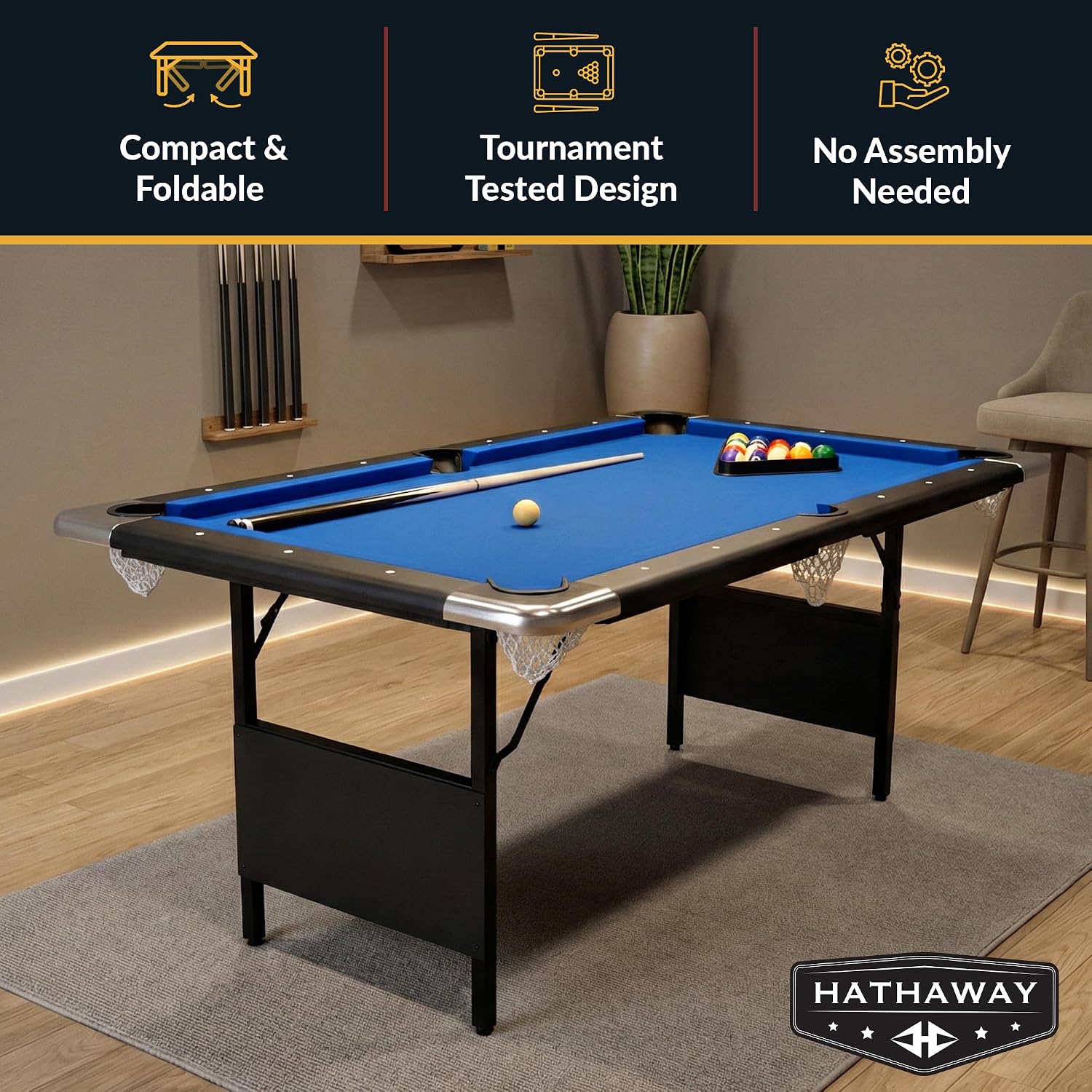 Hathaway Fairmont Folding Pool Table for Family & Home Use Includes Full Set of Billiard Balls, Cues, Chalk, Triangle and Carrying Bag, Portable Space-Saving Table