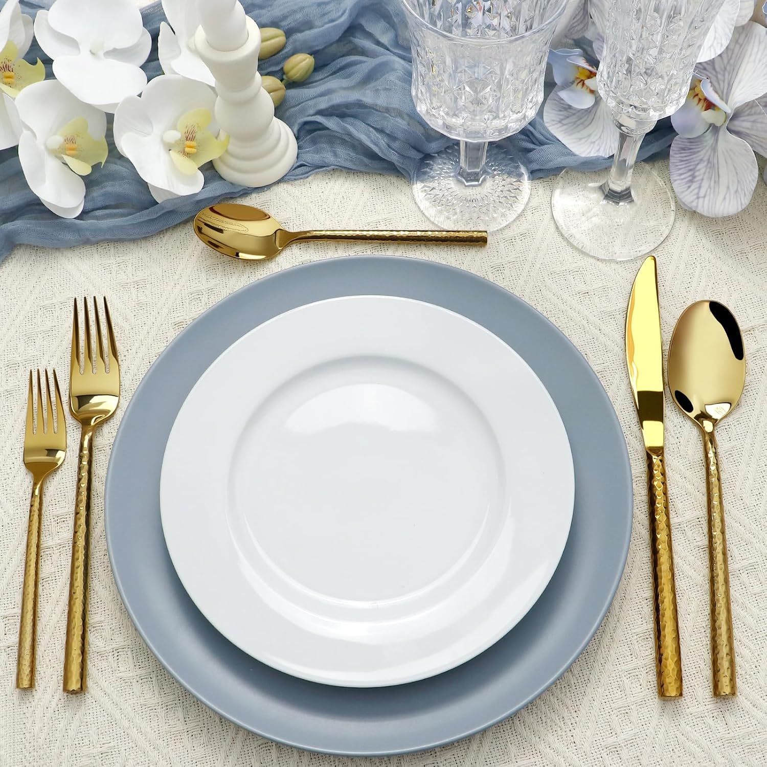 Gold Silverware 18/10 Stainless Steel 40-Piece Mirror Polsihing Flatware Round Hammered Cutlery Set Service for 8