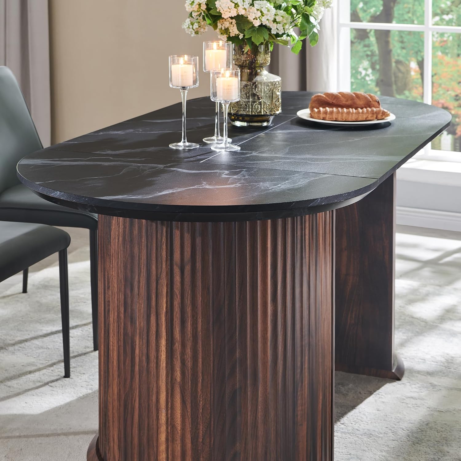 T4TREAM 63' Fluted Oval Dining Table for 4-6, Mid-Century Modern Kitchen Table with Thickened Edge & Semi-Cylindrical Base, Wood Table for Dining Room/Kitchen/Home Office, Black & Walnut(Table Only)