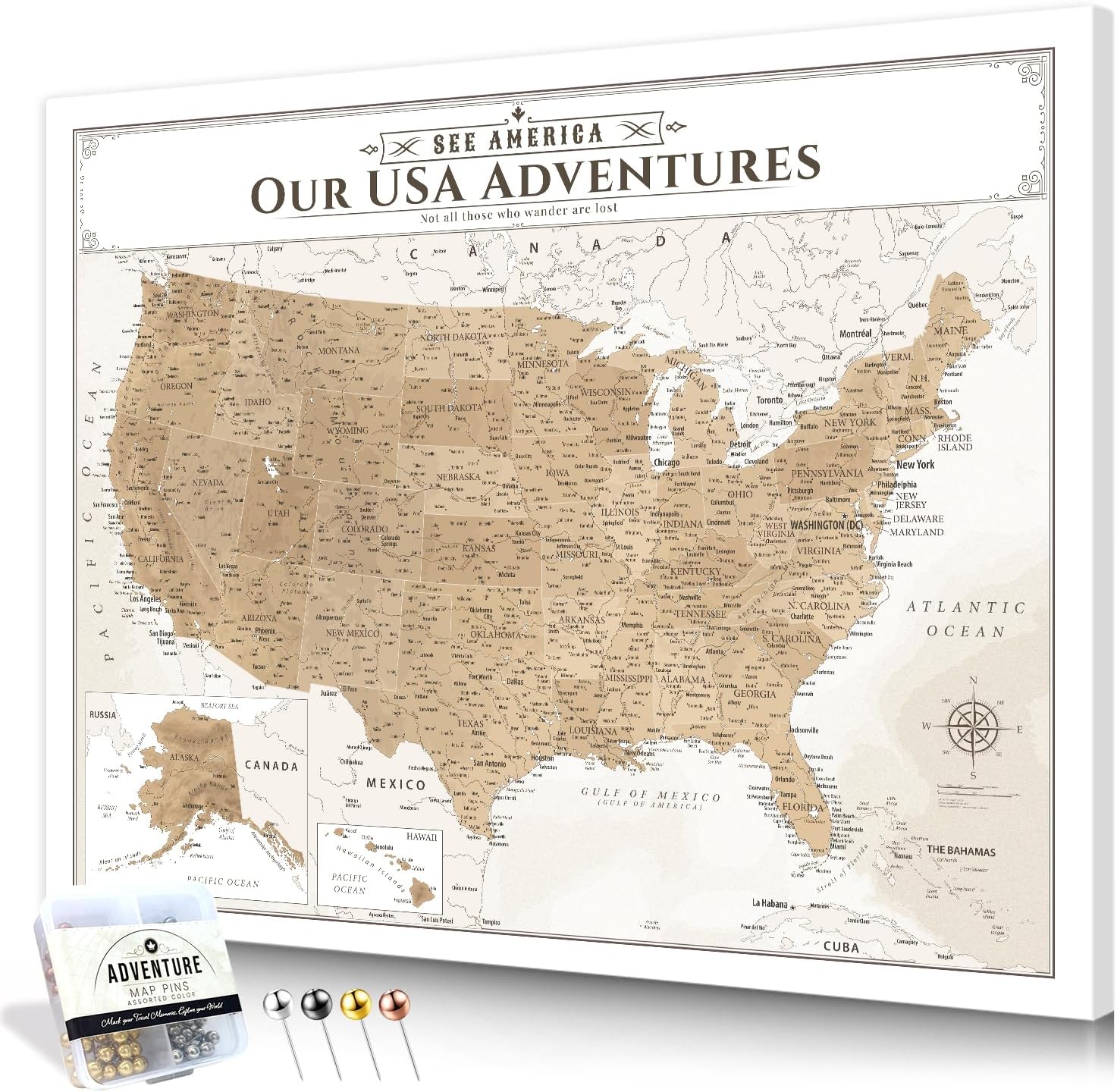 IPIC - Vintage US Map for Travel, Pin Board Canvas Wall Art, Travel Map with Pins Included, Ready to Hang for Home or Office, 30x24 Inch