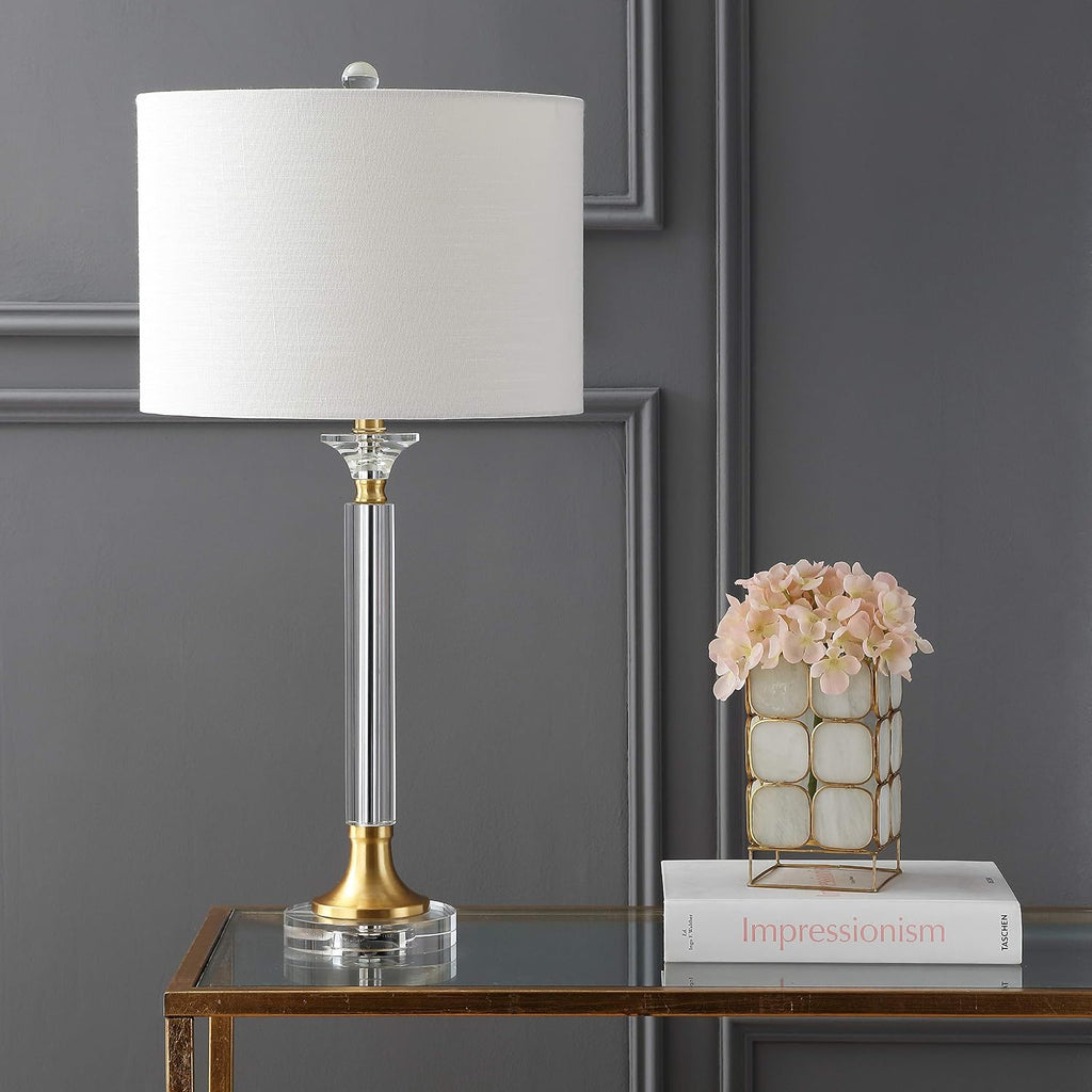 JONATHAN Y 28' Clear/Brass Gold Crystal and Metal Candlestick LED Table Lamp Set of 2, Modern Transitional Nightstand Lamps with White Linen Drum Shade, LED Bulbs Included JYL5039A-SET2