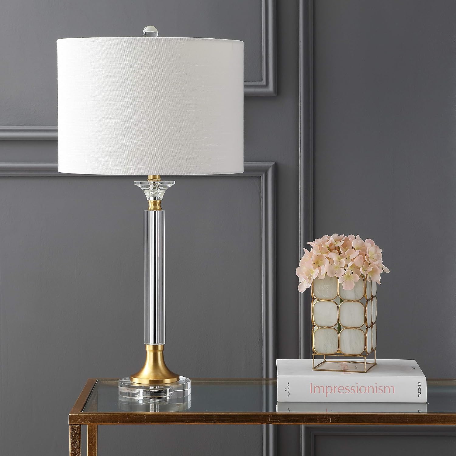 JONATHAN Y 28' Clear/Brass Gold Crystal and Metal Candlestick LED Table Lamp Set of 2, Modern Transitional Nightstand Lamps with White Linen Drum Shade, LED Bulbs Included JYL5039A-SET2