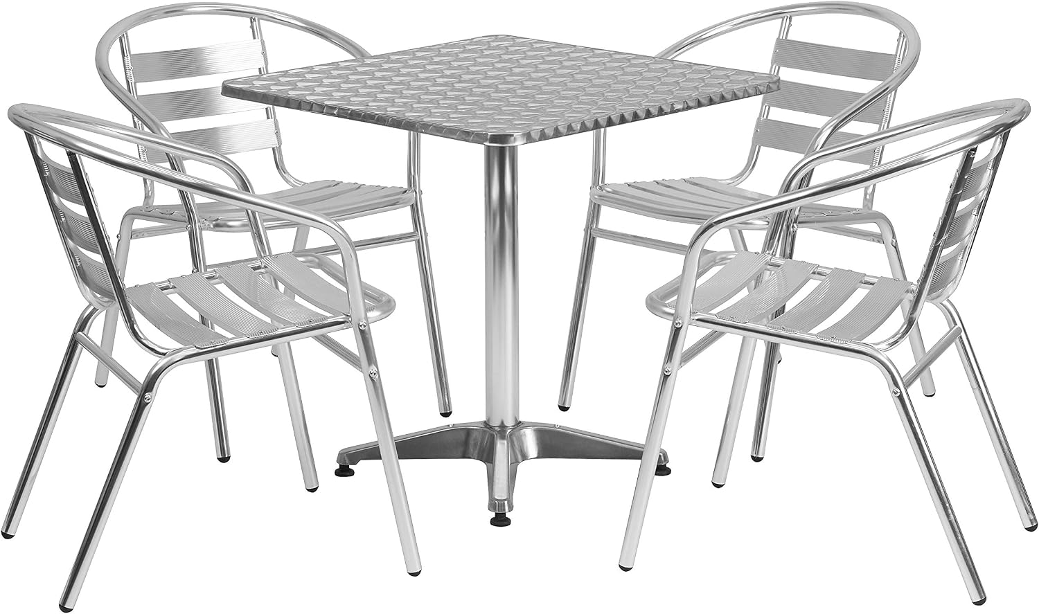 Flash Furniture Aluminum 5-Piece Patio Dining Set with Square Table and 4 Slat Back Chairs, Indoor/Outdoor Bistro Table and Chairs Set, Silver
