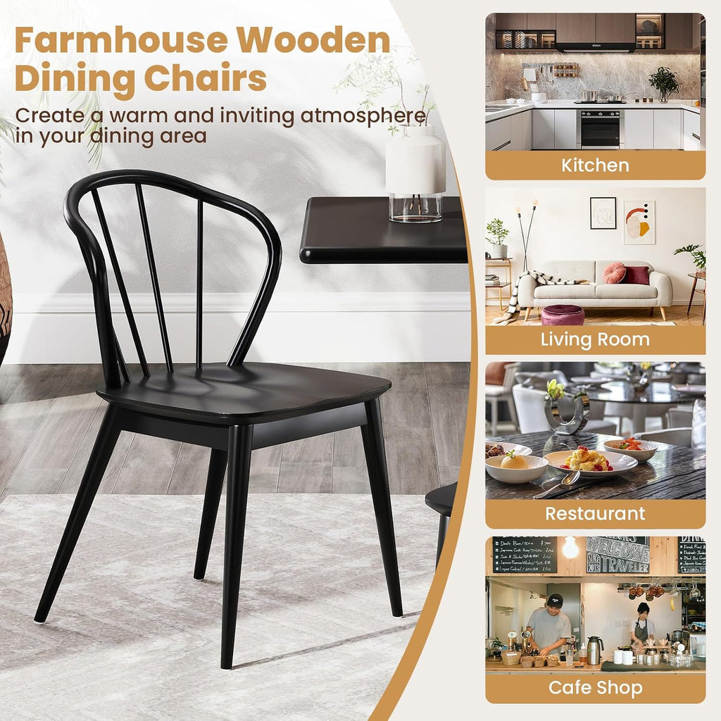 Giantex Wooden Dining Chairs Set of 2, Black Windsor Kitchen Chair w/High Spindle Back & Rubber Wood Legs, Wide Seat & Curved Backrest, Farmhouse Side Chairs, Armless Accent Chair for Home Restaurant