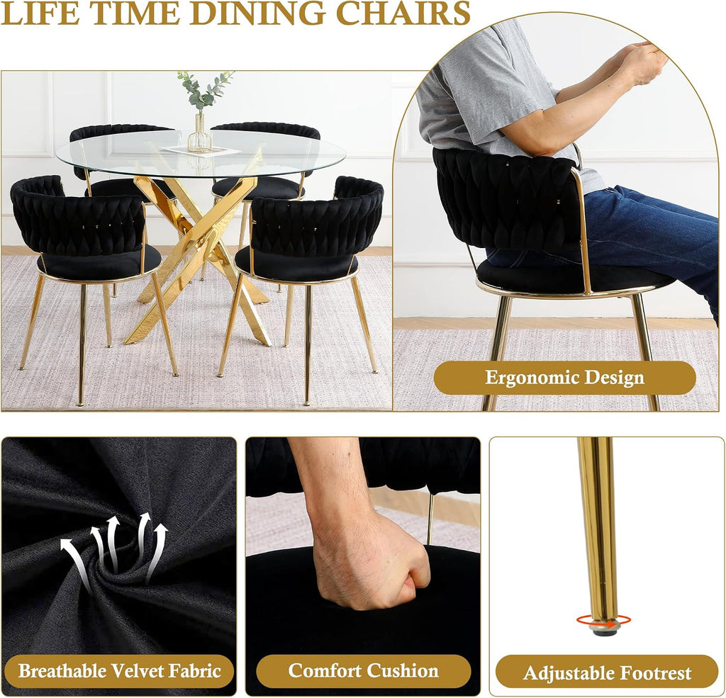 Round Glass Dining Table Set for 2, 36'' Small Circle Glass Kitchen Table with 2 Luxury Black Gold Velvet Dining Chairs, 3-Piece Dining Room Table Set for Small Place(Gold Base)