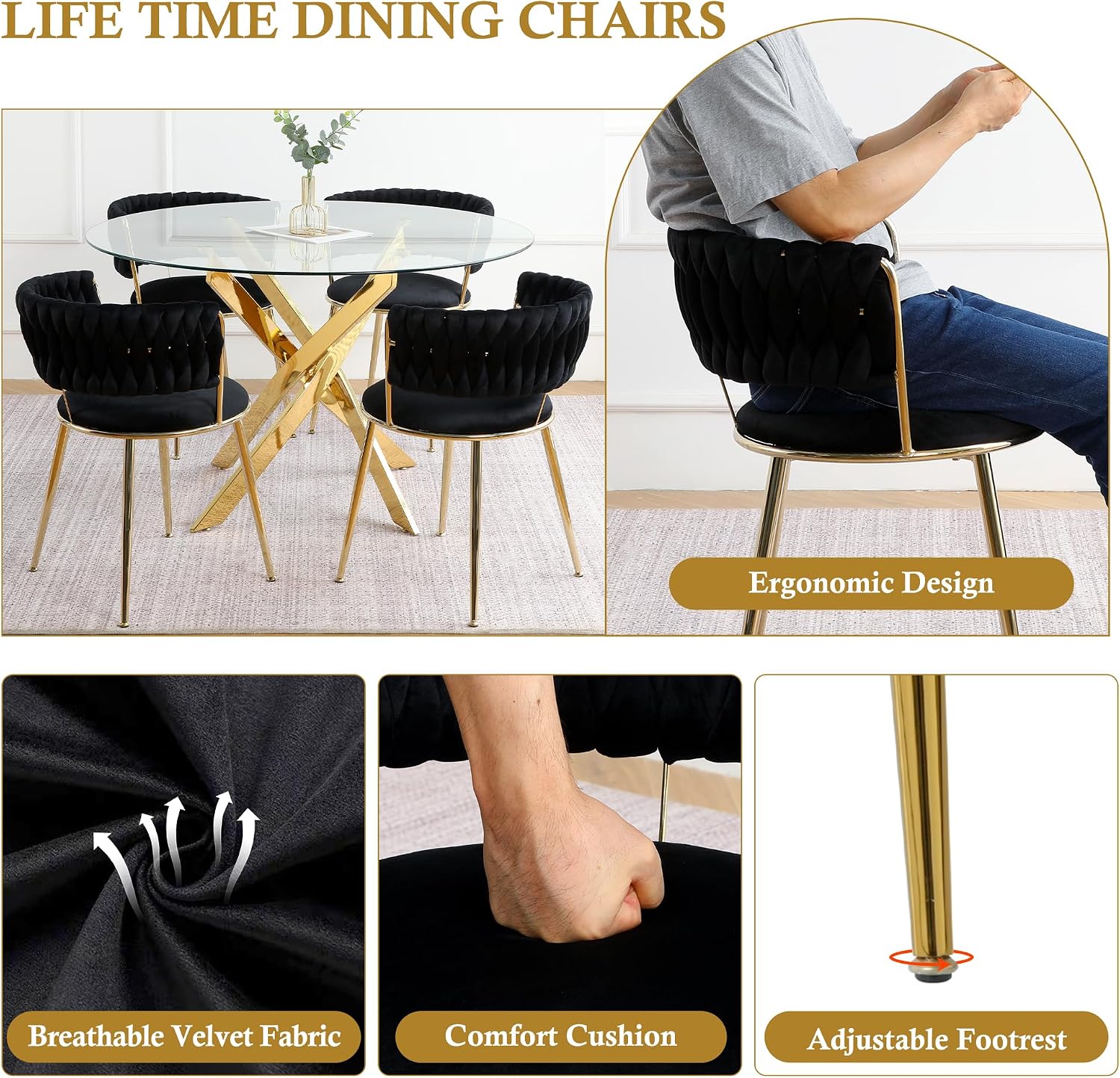 Round Glass Dining Table Set for 2, 36'' Small Circle Glass Kitchen Table with 2 Luxury Black Gold Velvet Dining Chairs, 3-Piece Dining Room Table Set for Small Place(Gold Base)