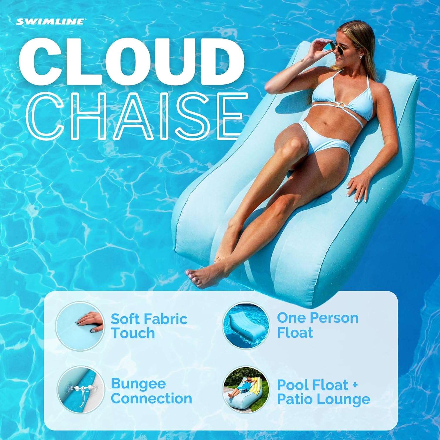 SWIMLINE Original Cloud Chaise Pool Lake Float Lounger Raft for Adults & Kids | Comfortable Fabric Foam Texture for Floating & Backyard Lounging | Connect Multi Floats W/Bungee System (Pack of 6)