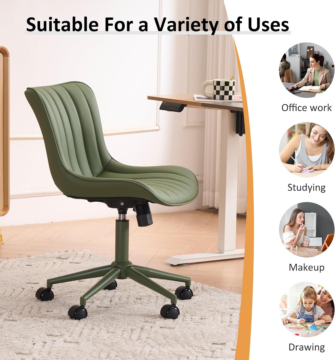 YOUNIKE Home Office Desk Chair with Wheels Armless Vanity Chair with Back Comfy Modern Leather Upholstered Rolling Task Chair Swivel Small Cute Sewing Chair No Arms Wide Adjustable Sage Green