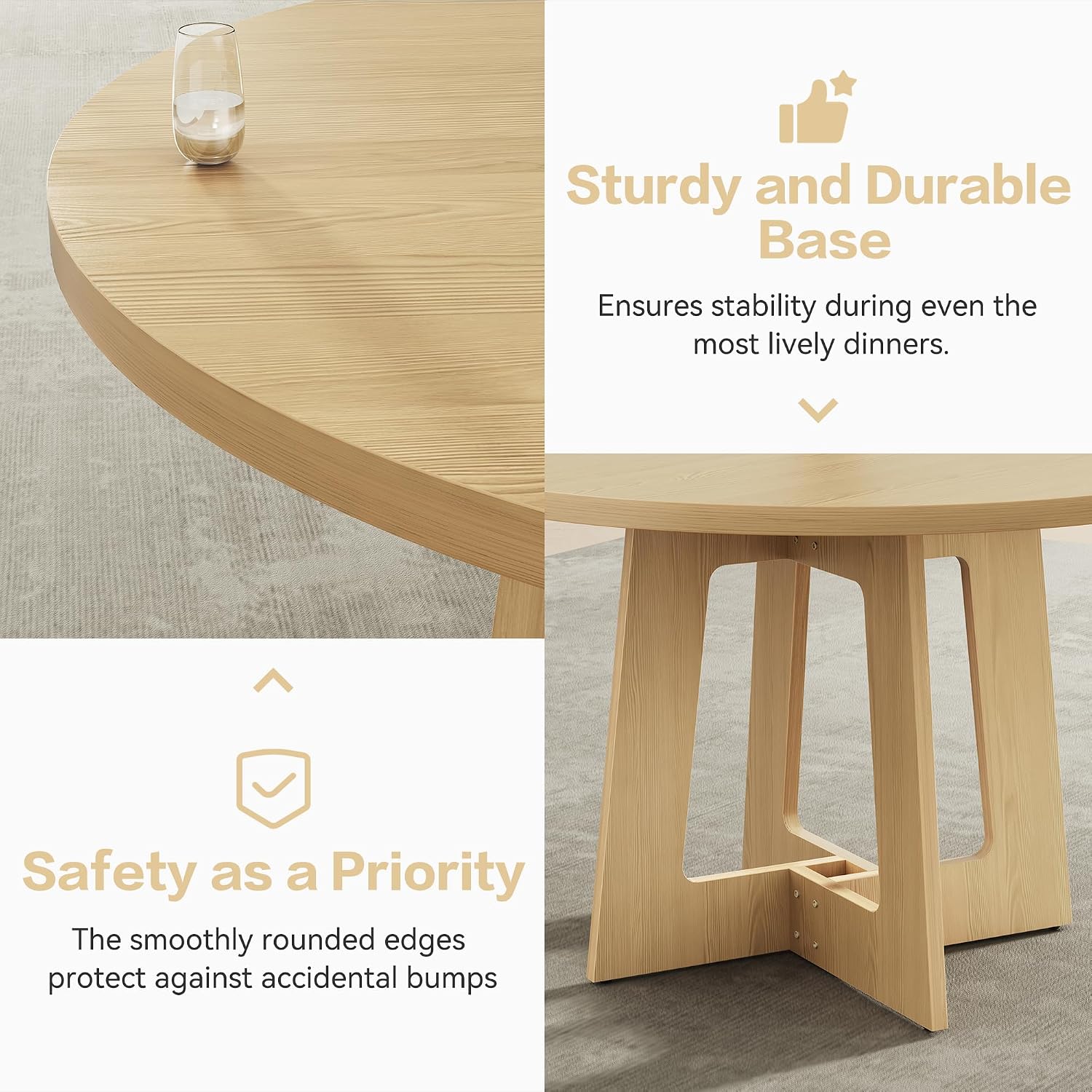 Round Dining Table for 4, Farmhouse Kitchen Table, Wooden Circle Table, 300lb Capacity & Easy Assembly for Home Dining Room Kitchen Living Room (Natural Oak)