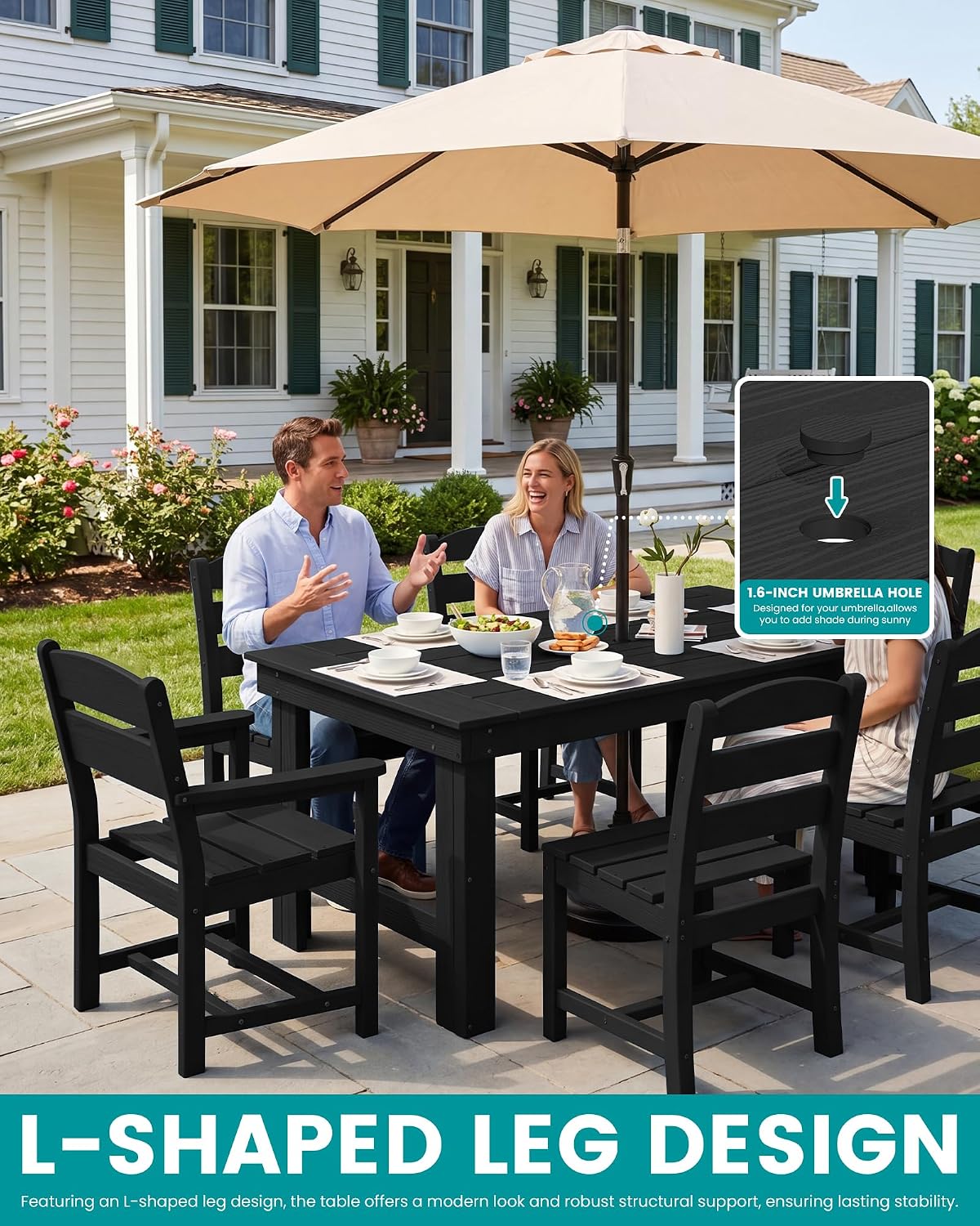 SERWALL Outdoor Dining Table Set, 67'' HDPE Patio Dining Set for 4, All-Weather Outdoor Table and Armless Chairs Set for Deck, Black