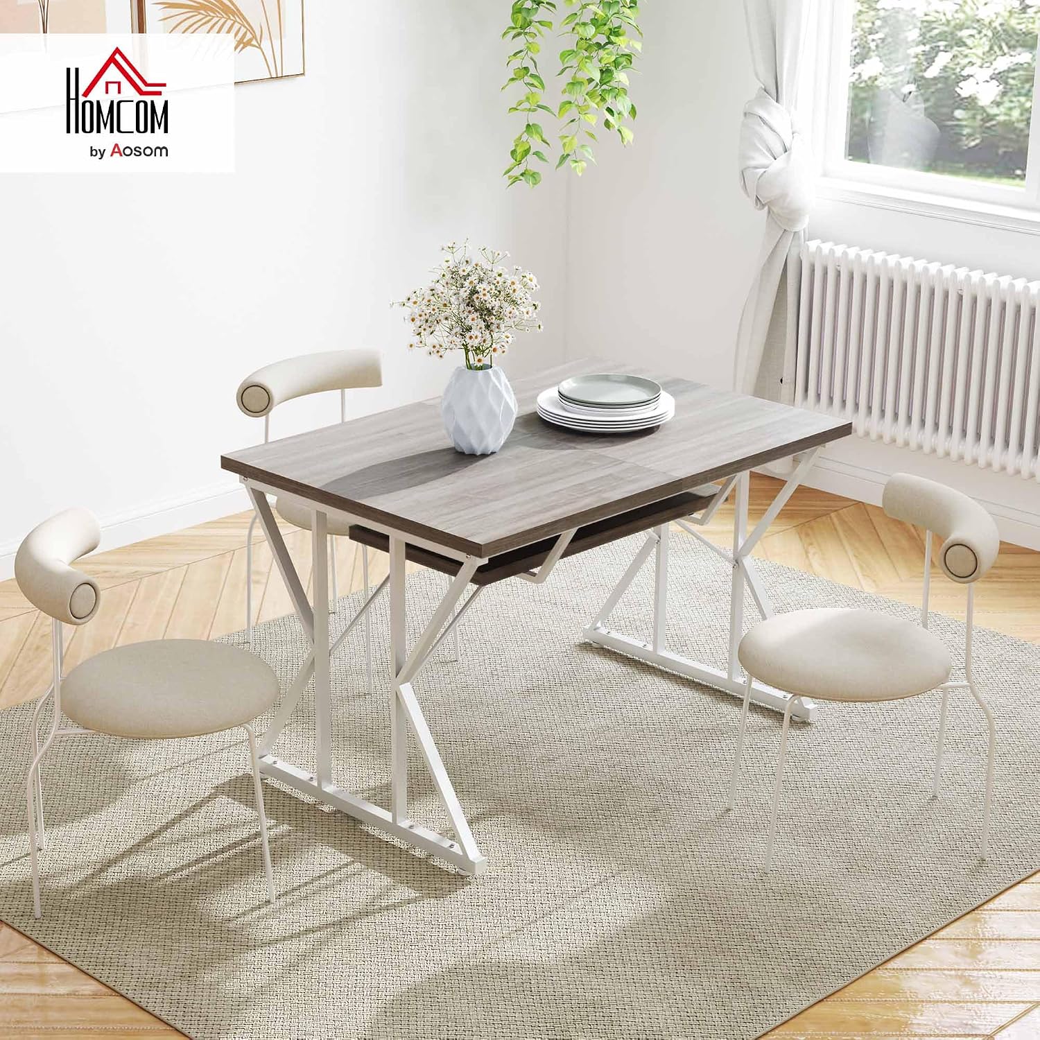 HOMCOM 47'-63' Expandable Dining Table for 4-6 People, Farmhouse Dinner Table with Heavy Duty Metal Trestle Base, Rectangle Kitchen Desk, Distressed Gray