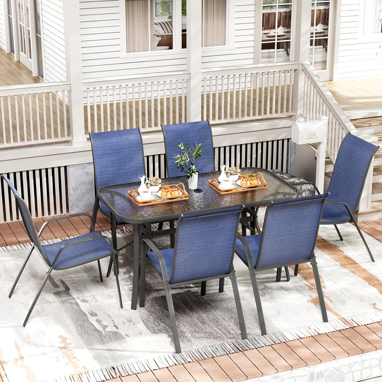 TLSUNNY 7 Pieces Patio Dining Set, Outdoor Table and Chairs W/1.69″ Umbrella Hole, 30'X 55' Table and Stackable Textilene Chair, All Weather Patio Furniture Set (Umbrella not Included) (Navy Blue)