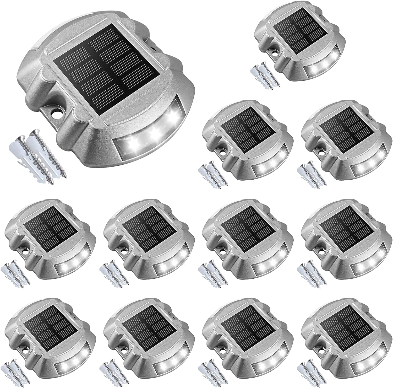VOLISUN Solar Deck Lights Driveway Dock Lights, 12-Pack Led IP68 Waterproof Outdoor Warning Step Lights for Driveway Sidewalk Garden Pathway Yard(White, Auto On/Off