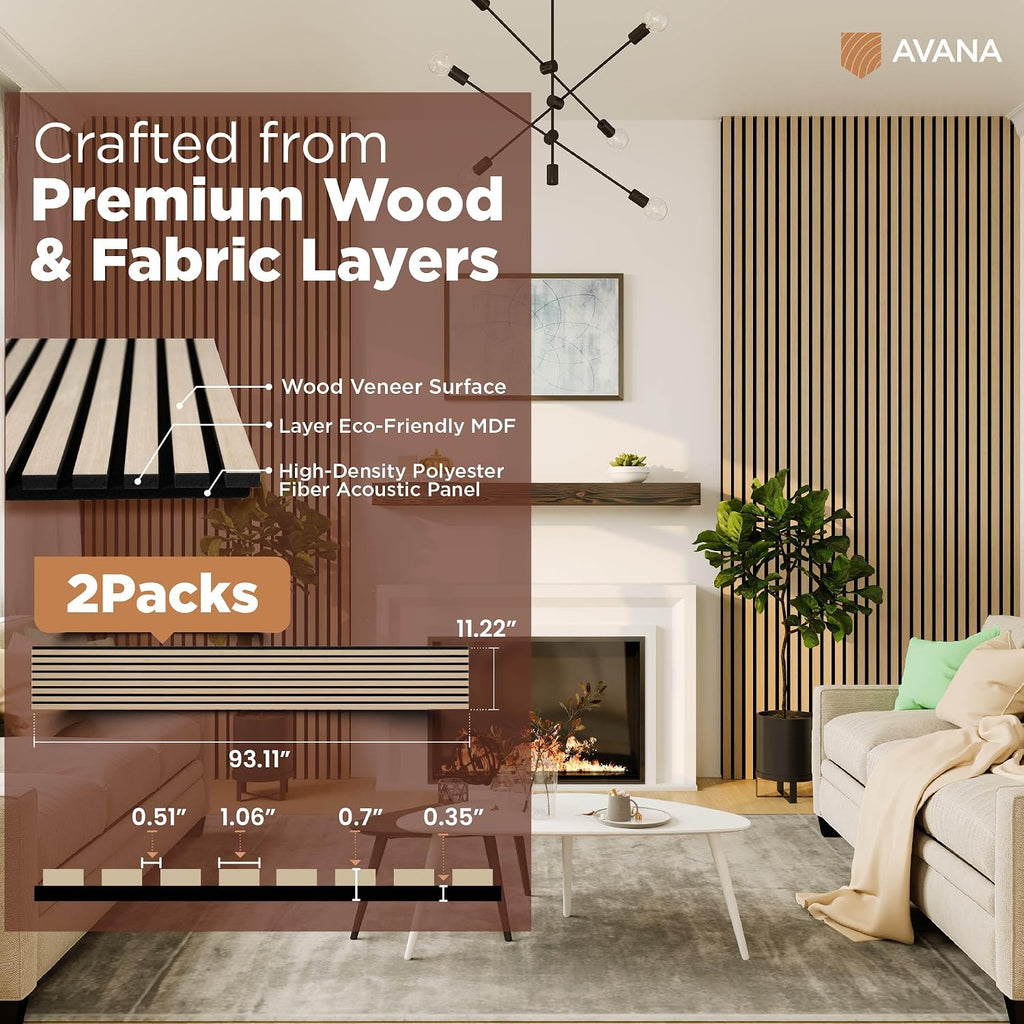 Avana Acoustic Wood Wall Panels – 93.2x11.25 Inch Panels – Fits 94x12 Layout – White Oak Acoustic Panels 2 PCs – Wall Panels for Interior Wall Decor for Homes, Offices – Design Wood Panels for Wall