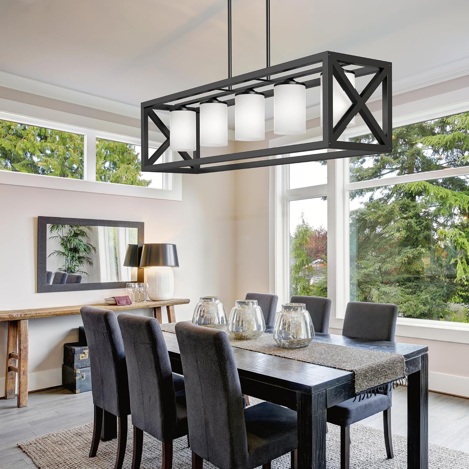 Black White Dining Room Light Fixture - 5 Light Rectangle Light Fixtures with Milk White Glass Shade & Adjustable Height & Thickened Metal Dining Table Lights Fixture Chandeliers for DiningRoom