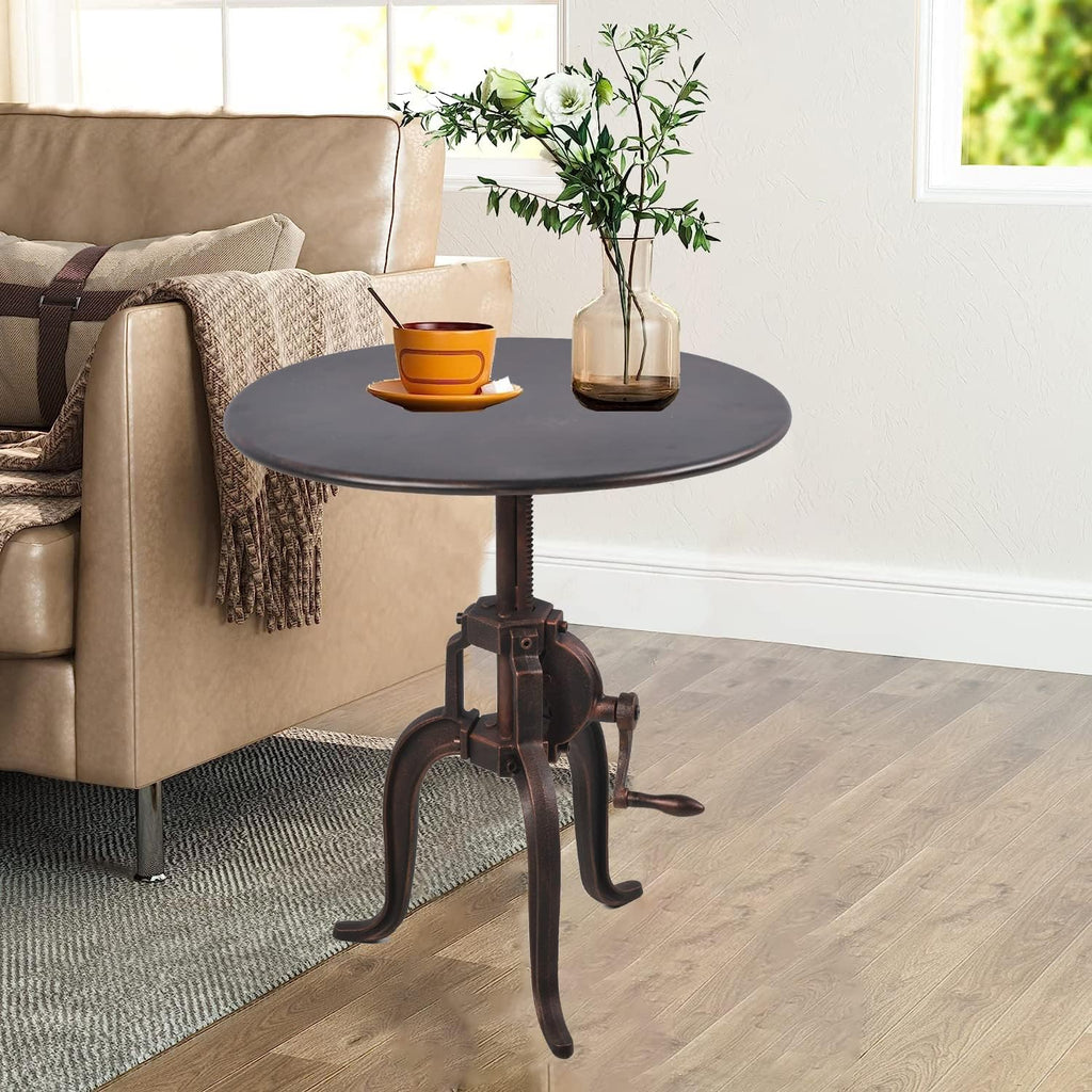 Industrial Heavey Duty Iron Sofa Side Table Crank Lift Up-and-Down Small Round Tea Table, Copper…