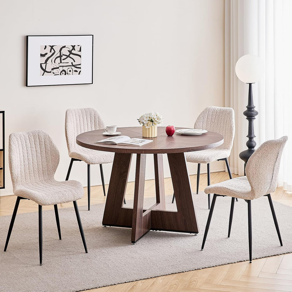 47' Round Dining Table Set for 4 with Chairs Kitchen Table and Chairs Set Mid-Century Modern Chair with Metal Leg for Apartment Living Room(1 Walnut Table + 4 Beige Chairs)