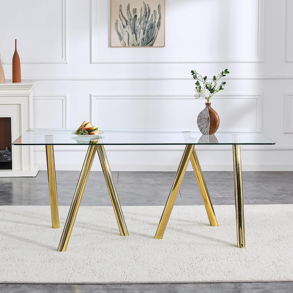 71' Glass Gold Dining Table for 4 6, Modern Kitchen Dining Room Table with 0.39' Thick Tempered Glass Tabletop and Metal Legs, Large Rectangle Dinner Tables for Home Kitchen Living Room