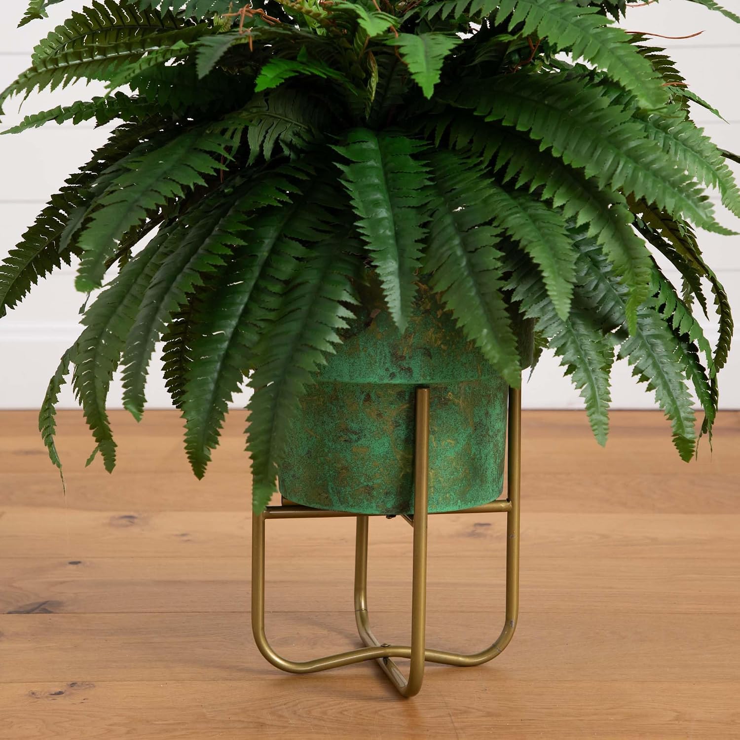Nearly Natural 31-in Artificial Boston Fern Plant on Display Stand in Removal Patina Metal Planter, Fake Ferns for Living Room, Bedroom, Office Home Décor