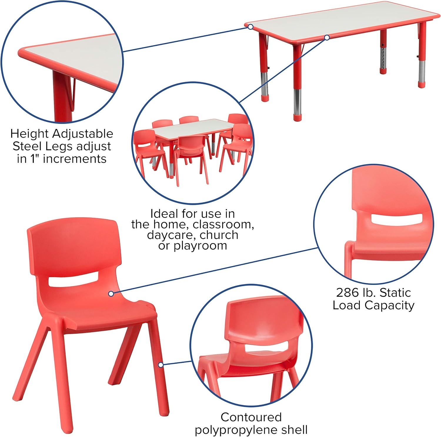 EMMA + OLIVER 23.625' W x 47.25' L Red Plastic Activity Table Set-6 Chairs