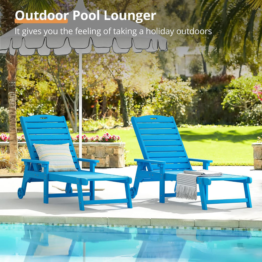 LUE BONA Chaise Lounge Chair with Table, 3-Piece, HDPS Chaise Lounger, 5 Positions Adjustable Lounge Chairs, Pool Lounge Chair with Wheels for Poolside, Backyard, Blue