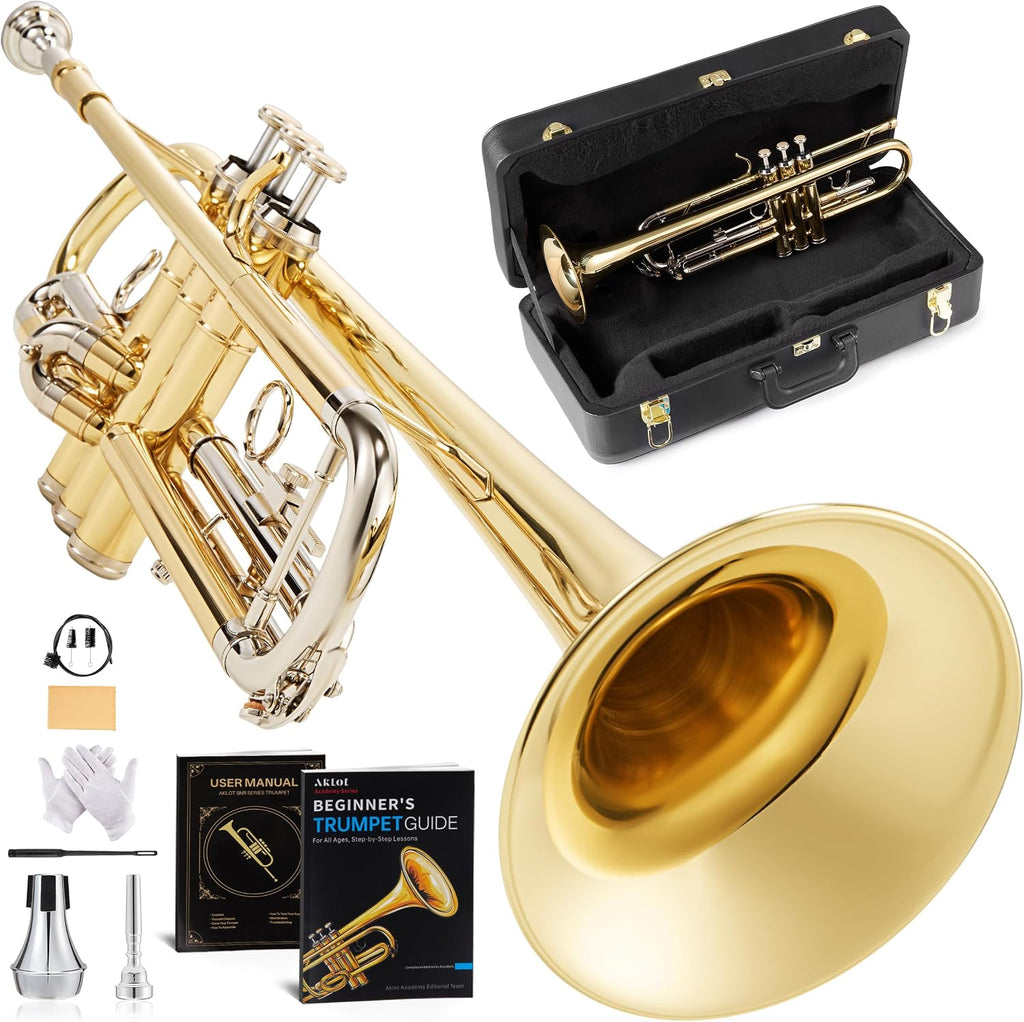 AKLOT Hand-Hammered Bell Bb Trumpet: Smooth Valve Action, Clear-Lacquered Brass Body, Standard Trumpet Beginner Set with Leather Case, Lesson Book, Trumpet Mute, Mouthpiece, Cleaning Kit (SNR-BrzED)