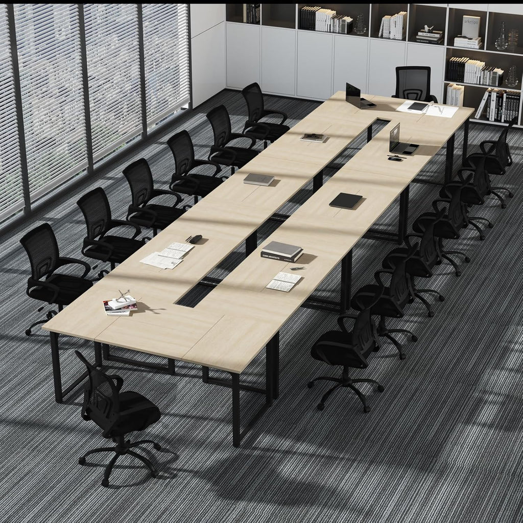 Bonzy Home 12FT Conference Table, Modern Large Meeting Table Office Desks for 16 Person, Long Rectangle Table with Sturdy Metal Frame, 4 PCS, 142' D x 64' W x 30' H, Natural