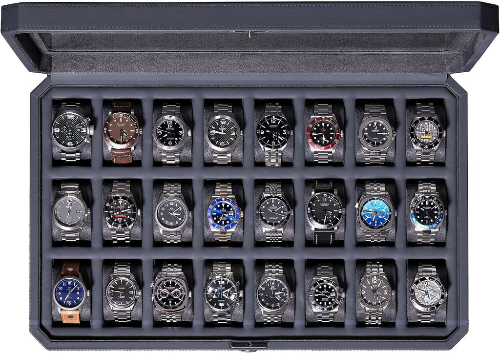 ROTHWELL 24 Slot Watch Case with Lock – Luxury Watch Box to Display and Organize Your Collection | Real Glass Top | Premium Storage for Collectors (Carbon)