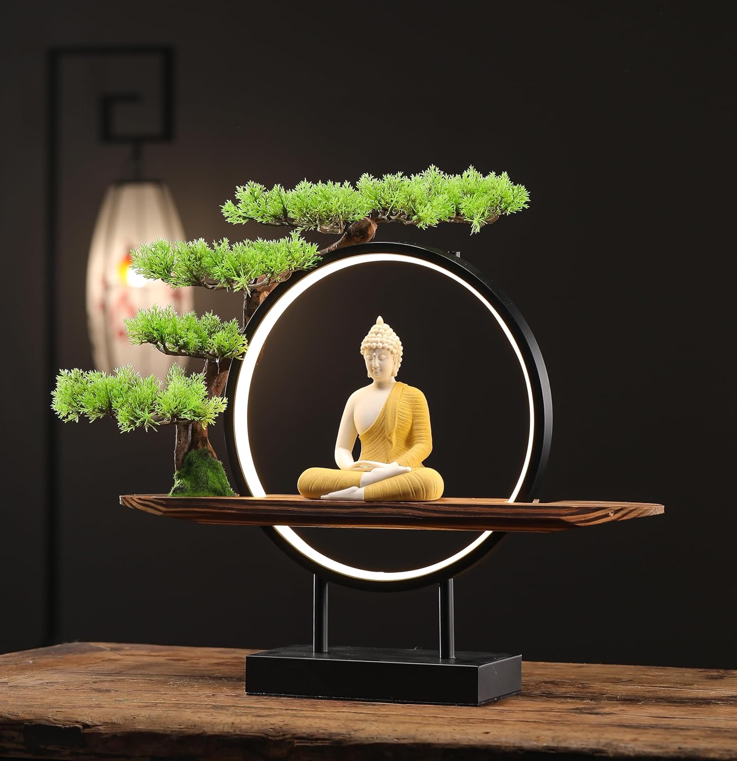 Houlu Yellow Buddha Statue with Green Artificial Tree and LED Circle Table Lamp, Indoor Ceramic Buddha Statues for Home Decor, 16.5 in