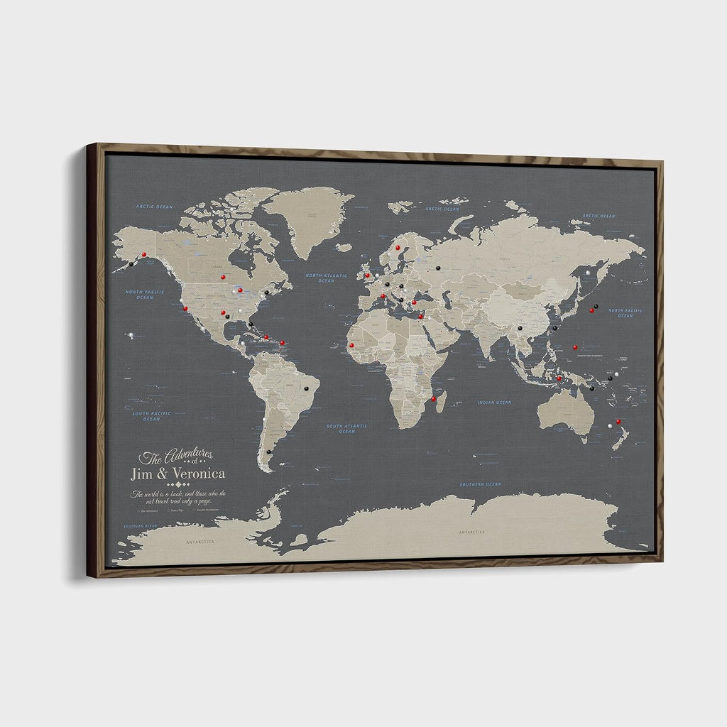 Earth Tone World Map with Pins – Personalized Canvas Push Pin Map – Framed World Travel Wall Decor – Brown Float Frame – 24' x 36'