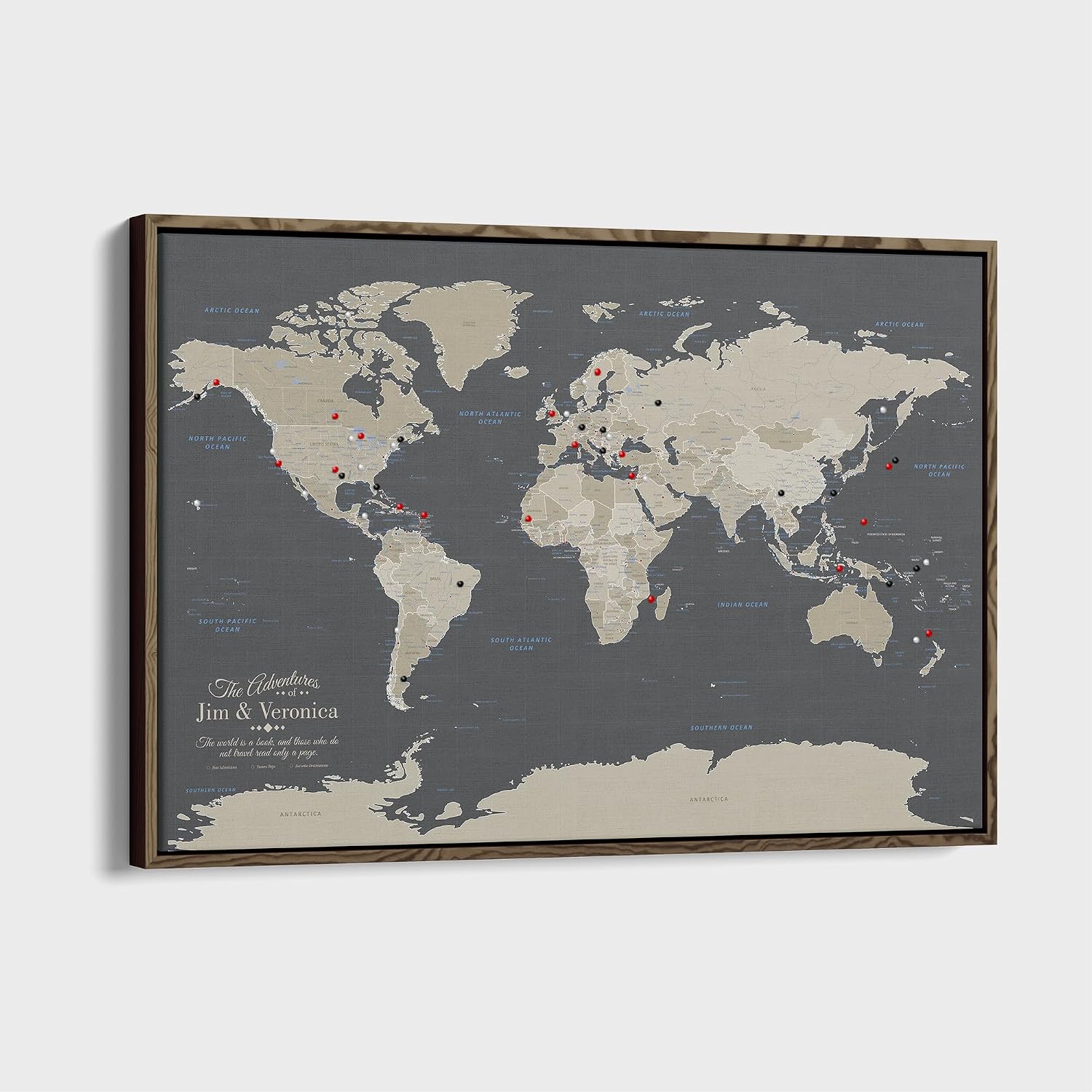 Earth Tone World Map with Pins – Personalized Canvas Push Pin Map – Framed World Travel Wall Decor – Brown Float Frame – 24' x 36'