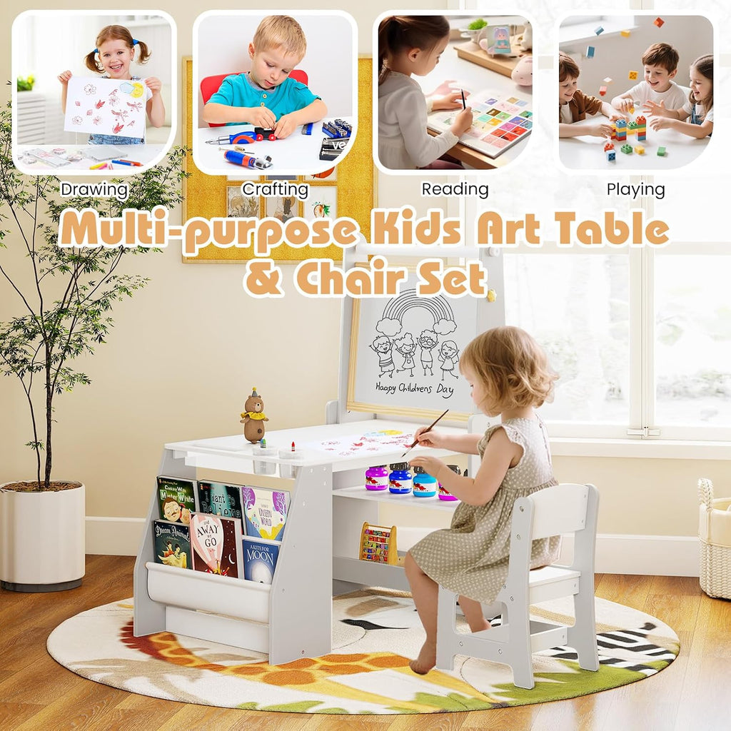 HONEY JOY Kids Art Table, Wooden Arts and Crafts Activity Set w/Adjustable Magnetic Whiteboard & Chalkboard, Paper Roll, Bookshelves & Storage Shelves, Toddler Table and Chair Set (Gray)